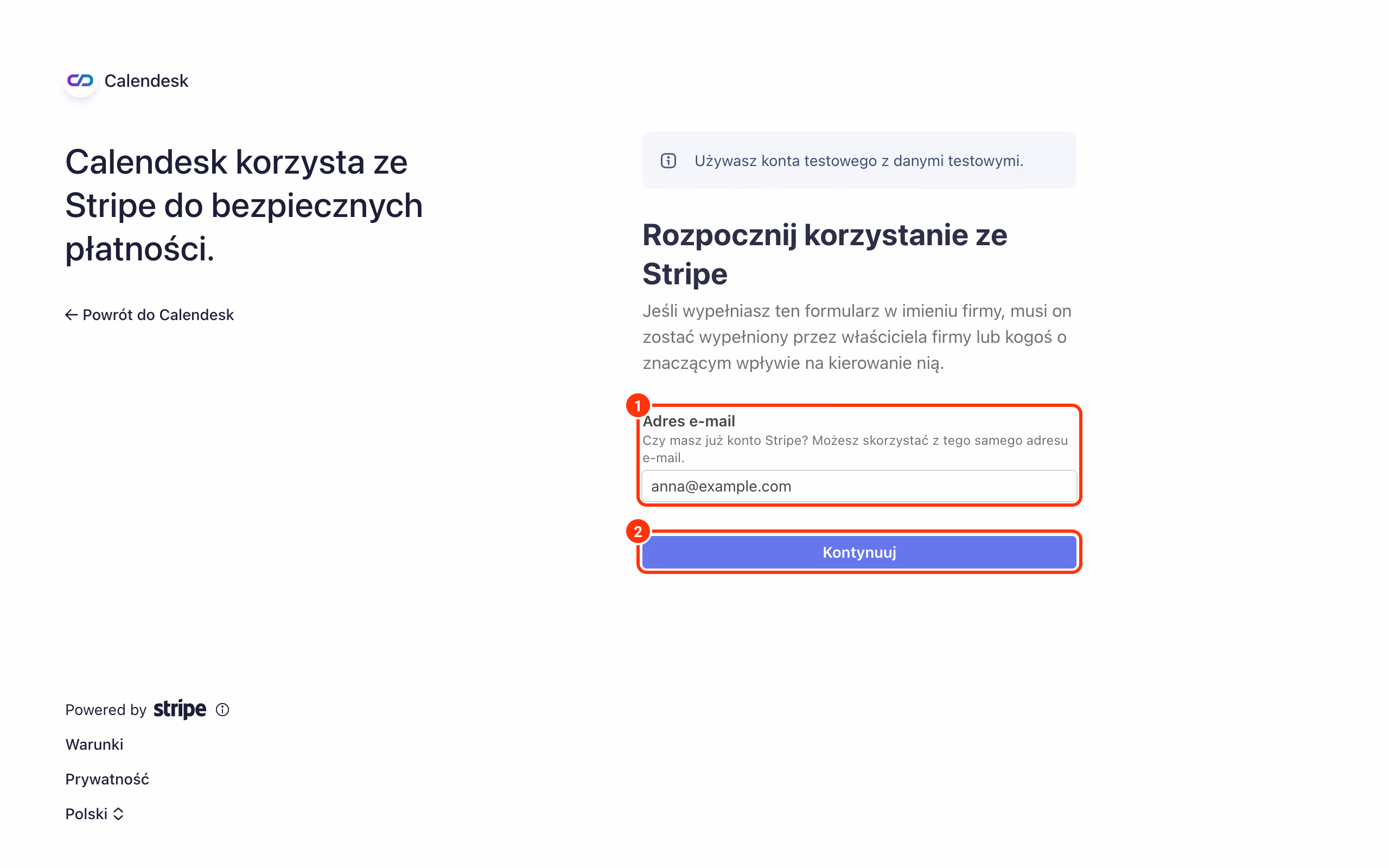 Stripe: adres e-mail i przycisk Kontynuuj.
