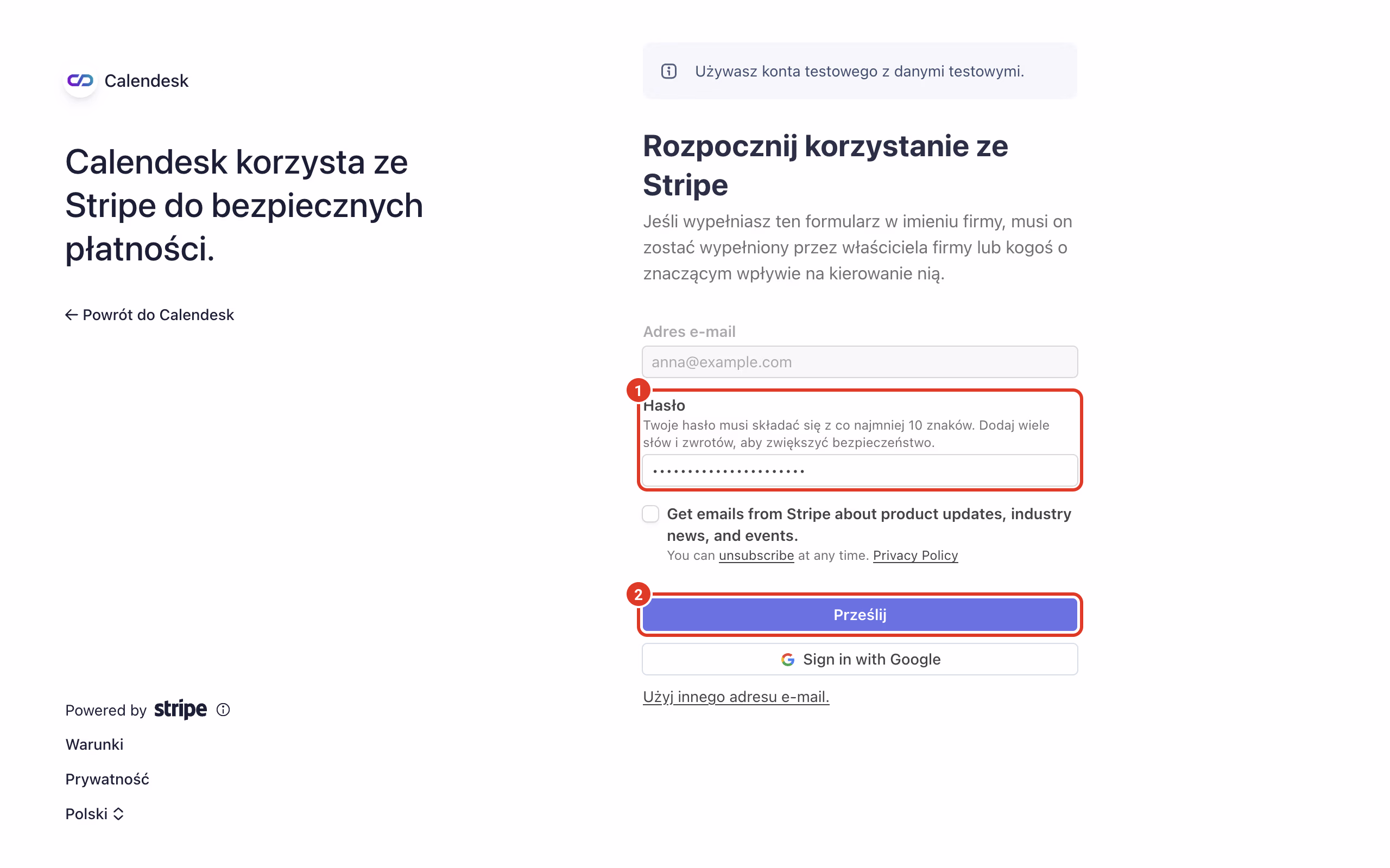 Stripe: hasło i przycisk Prześlij.