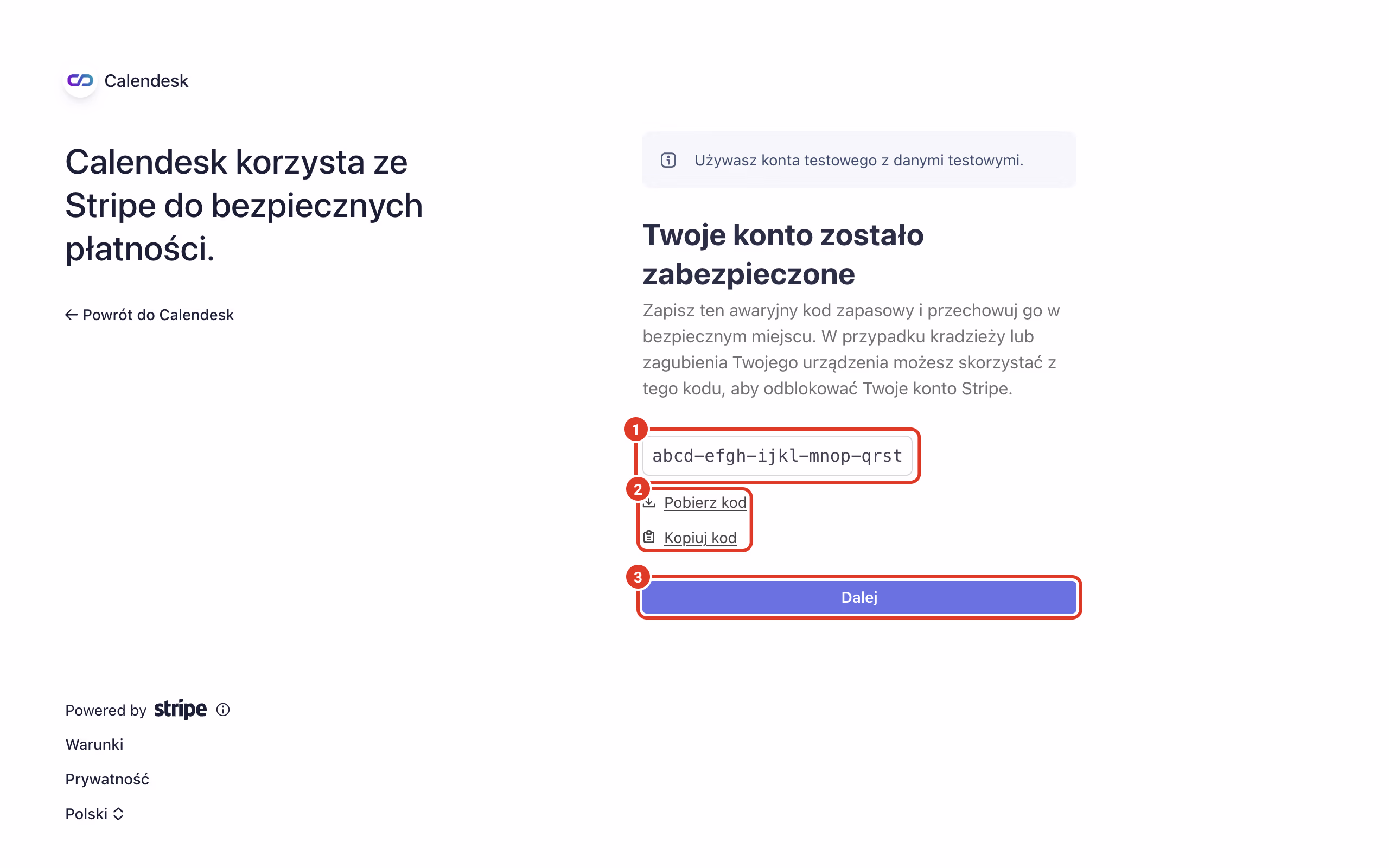 Stripe: awaryjny kod zapasowy.
