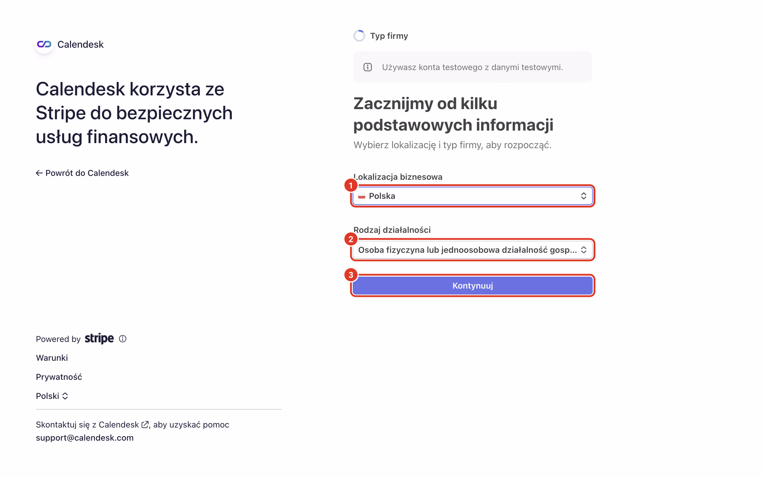 Stripe: lokalizacja i rodzaj działalności.