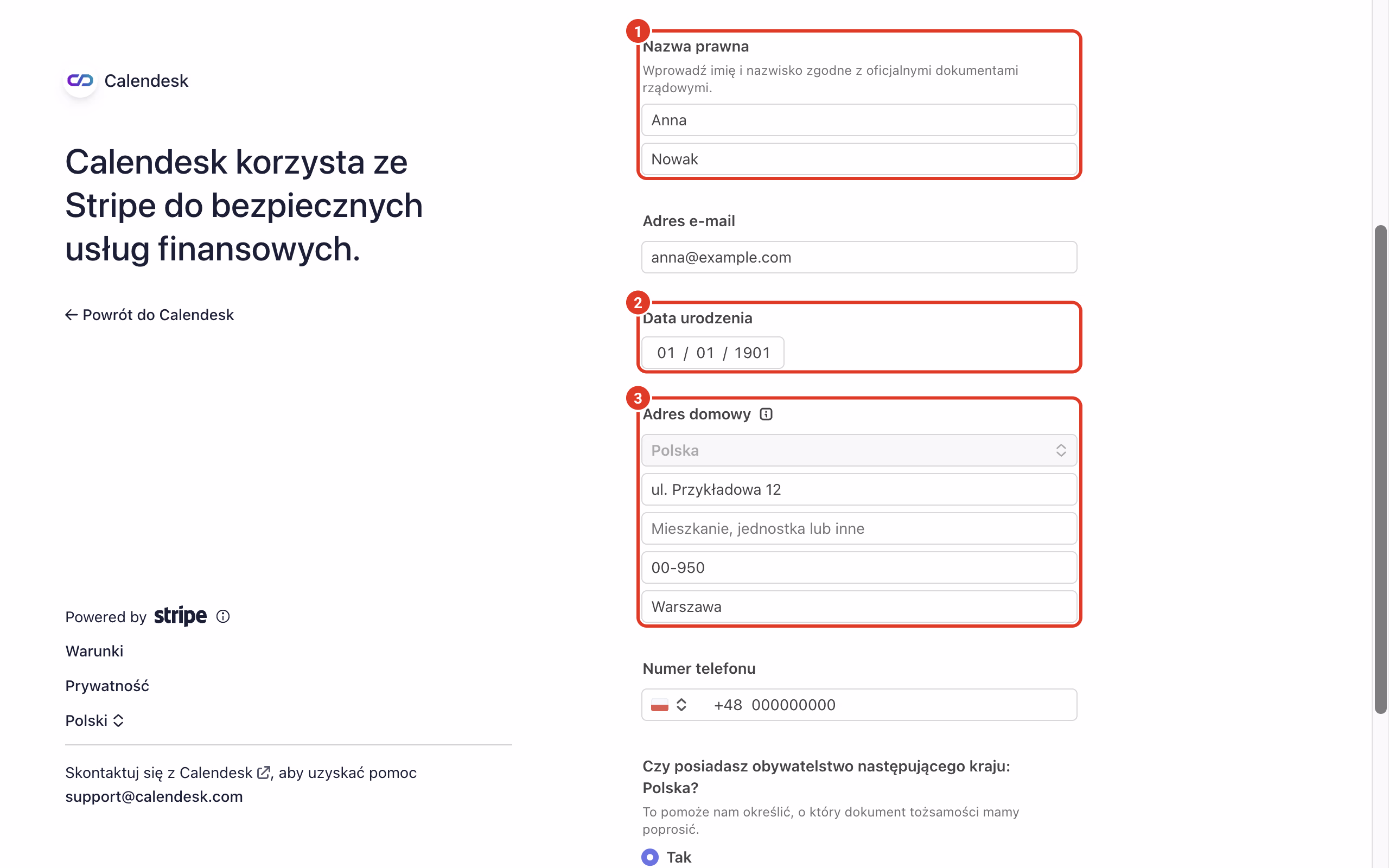 Stripe: dane osobowe właściciela.
