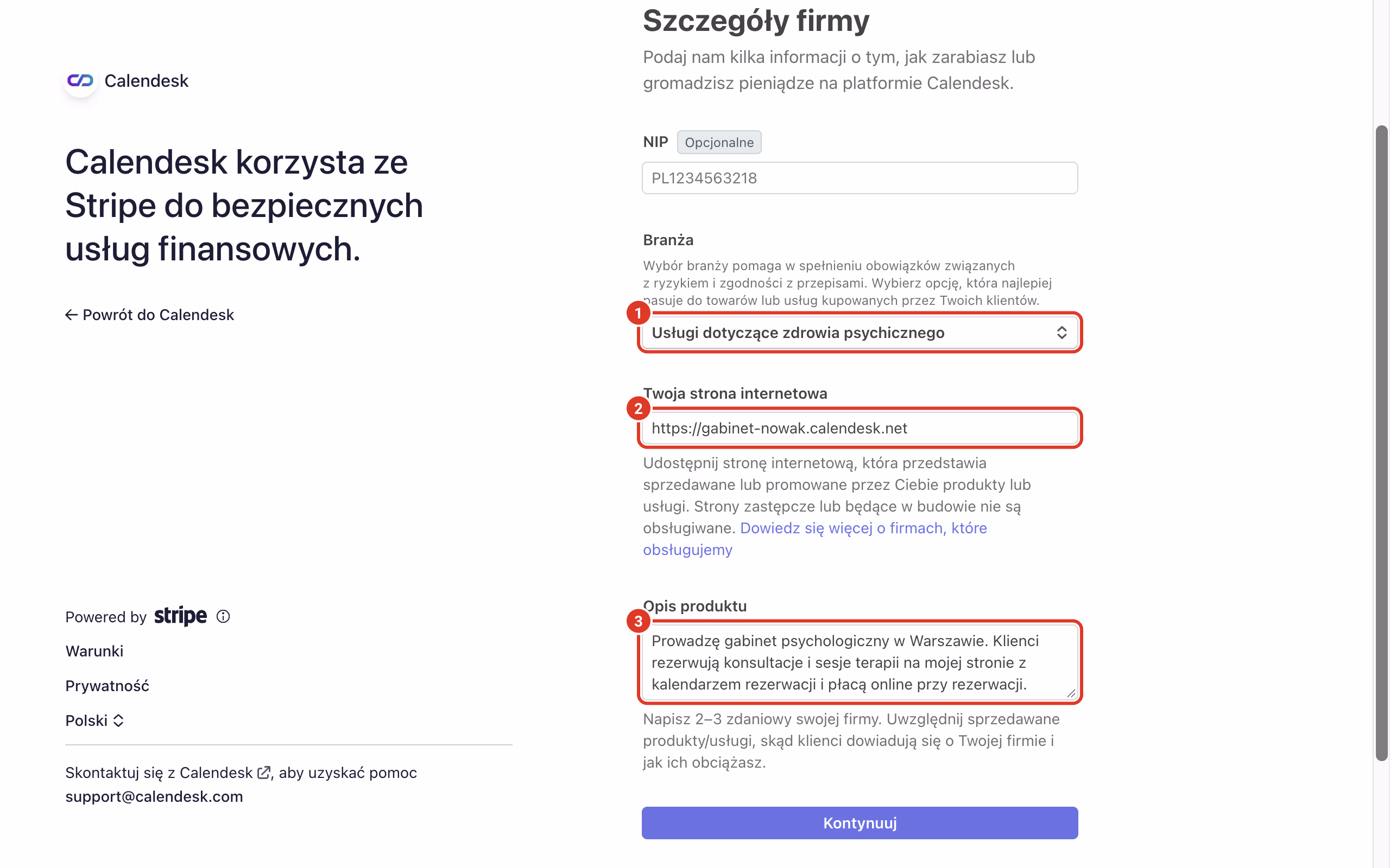 Stripe: branża, strona internetowa i opis usług.