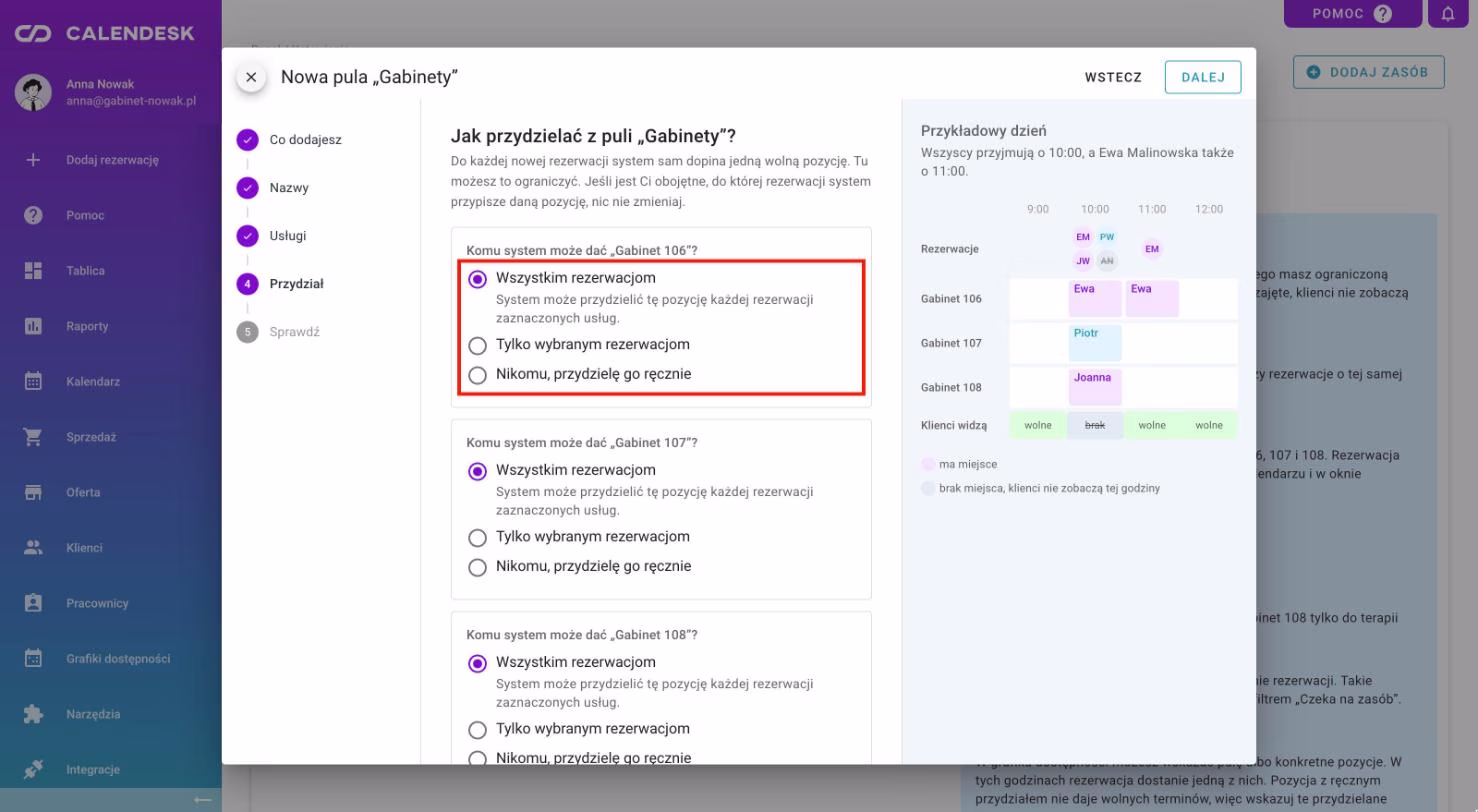 Krok Przydział: komu system może dać każdą pozycję z puli.