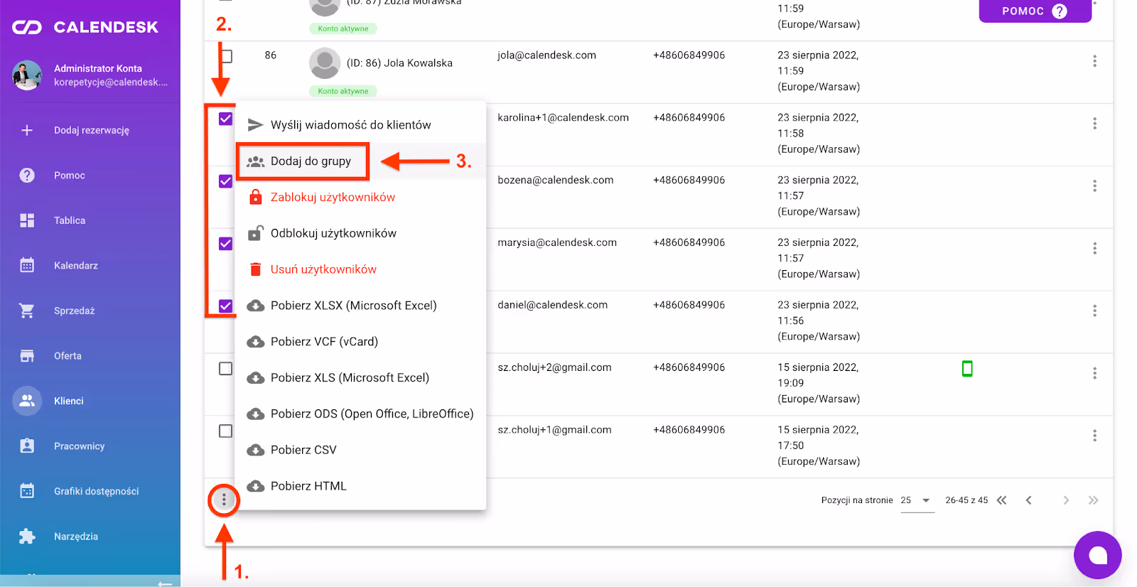 Dodawanie klientów do grup.
