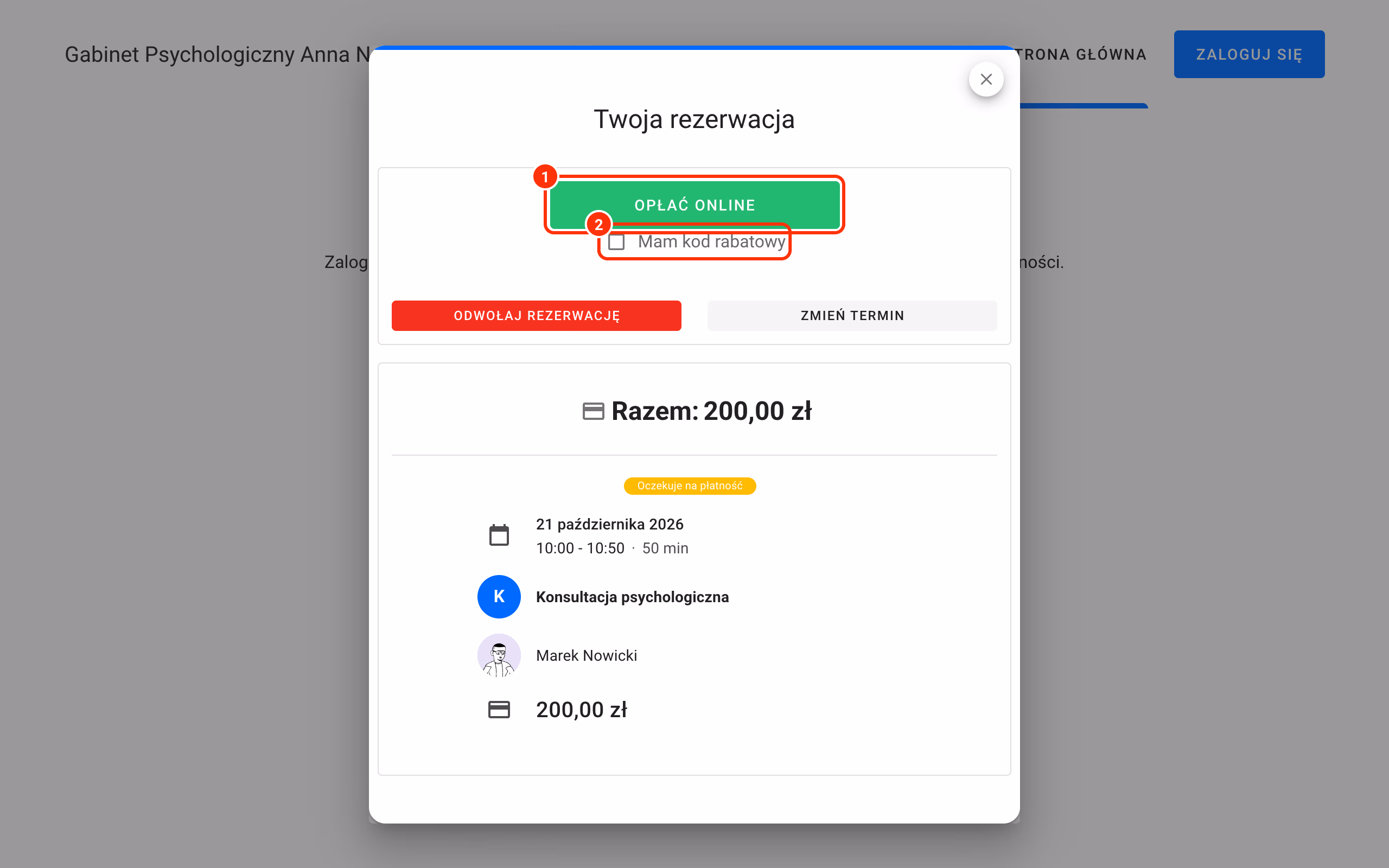 Okno Twoja rezerwacja: przycisk Opłać online (1) i kod rabatowy (2).