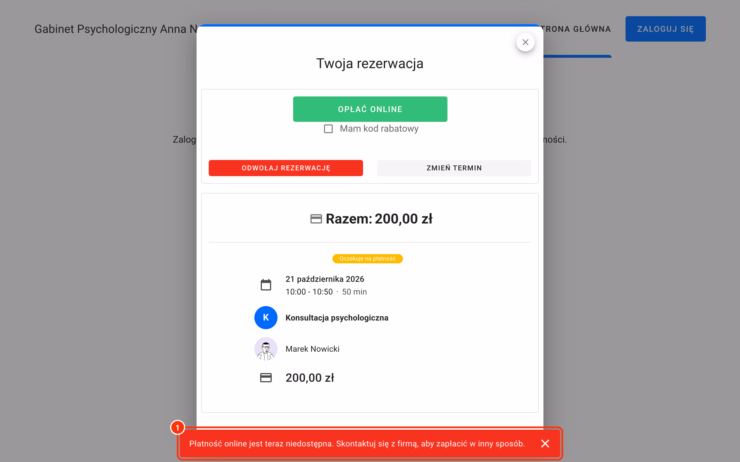 Komunikat, gdy płatność online jest niedostępna (1).