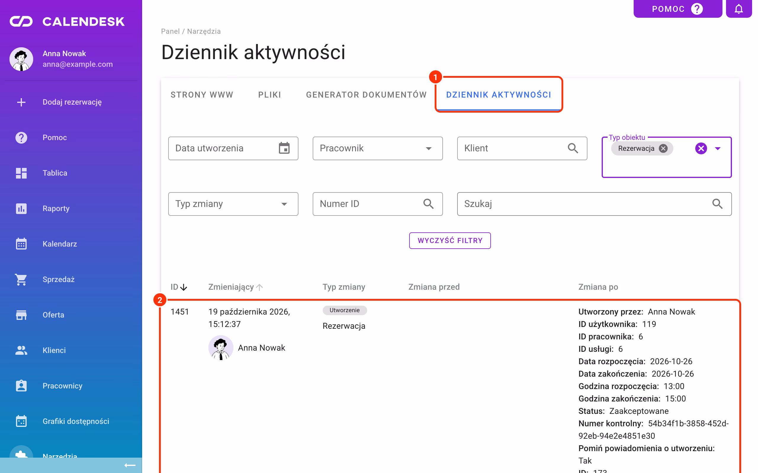Zakładka Dziennik aktywności z listą zmian w systemie.