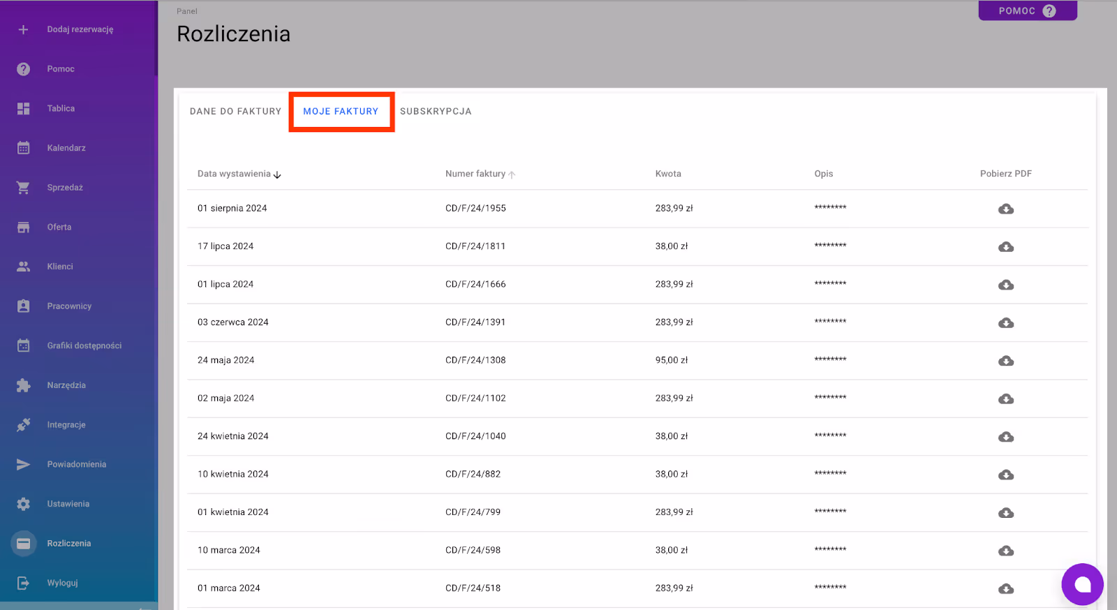 Rozliczenia – Moje faktury.