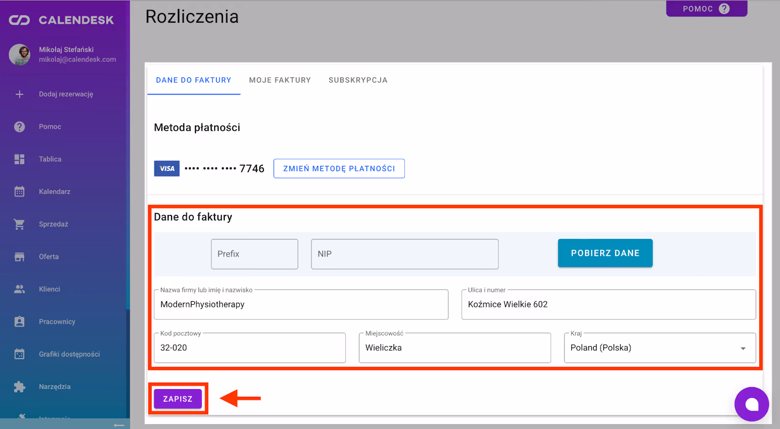 Rozliczenia – Dane do faktury.