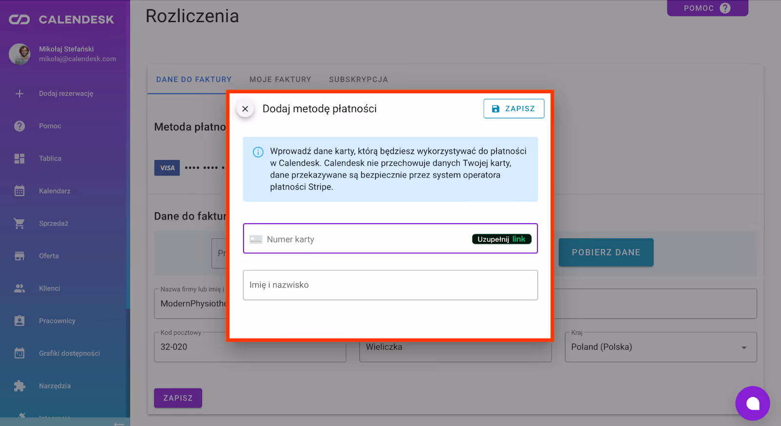 Dodawanie karty płatniczej.