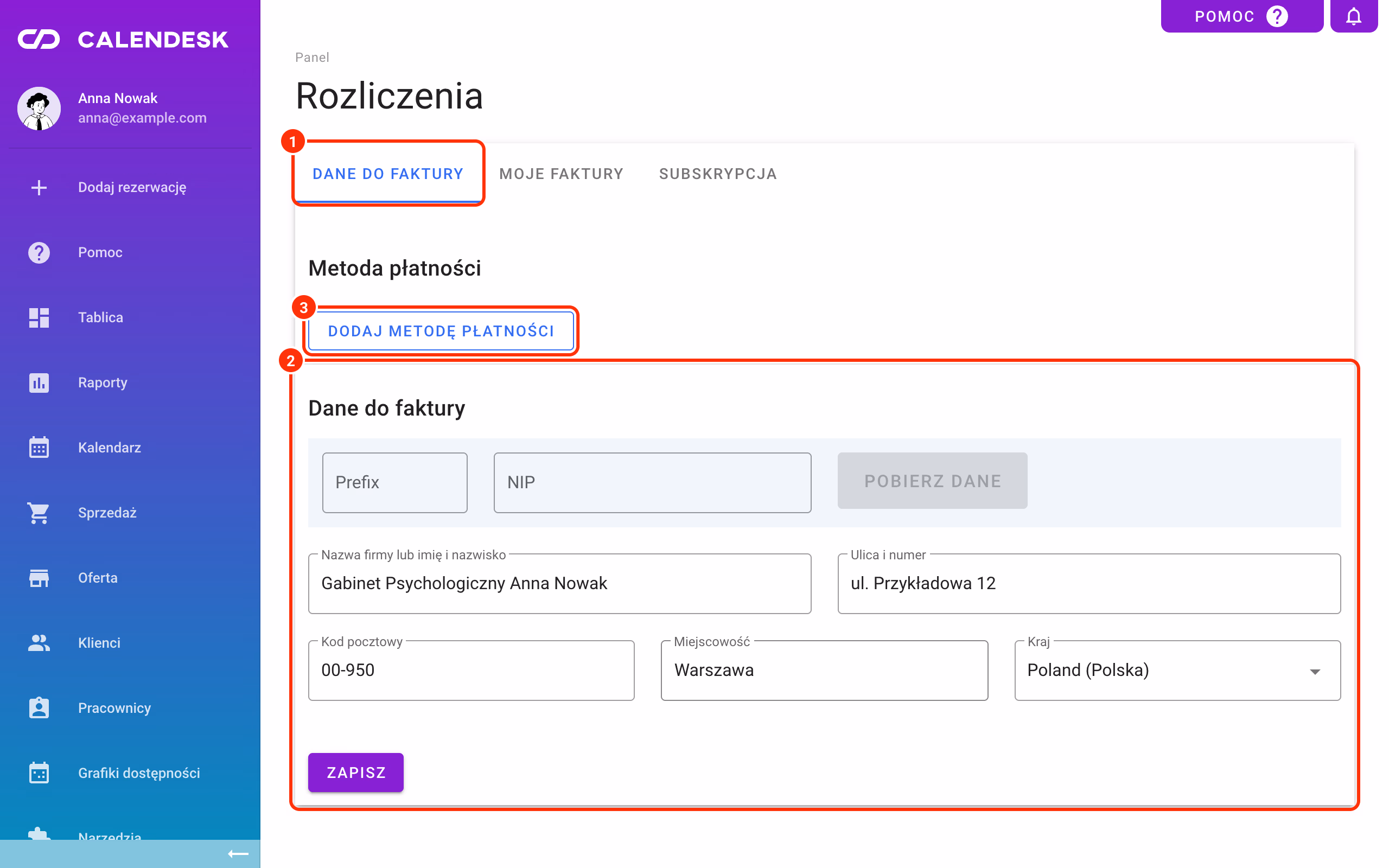 Rozliczenia – Dane do faktury: formularz danych i przycisk Dodaj metodę płatności.