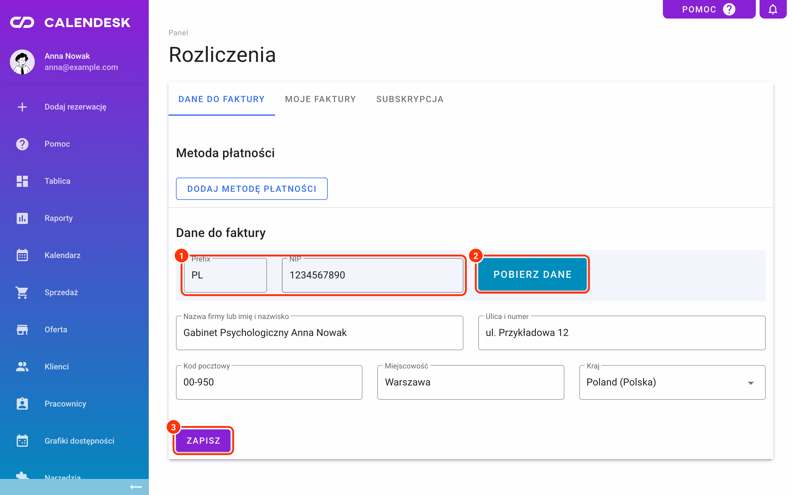 Prefix i NIP, przycisk Pobierz dane i Zapisz.