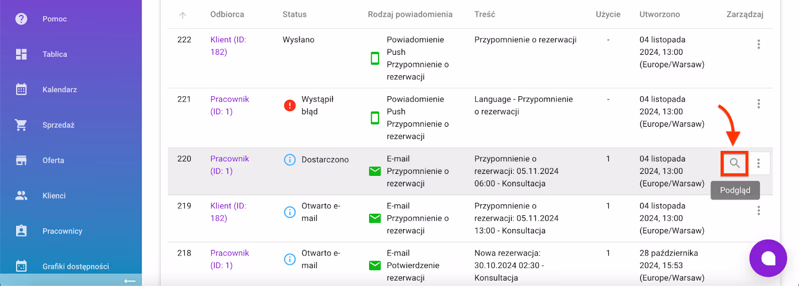 Podgląd szczegółów powiadomienia.