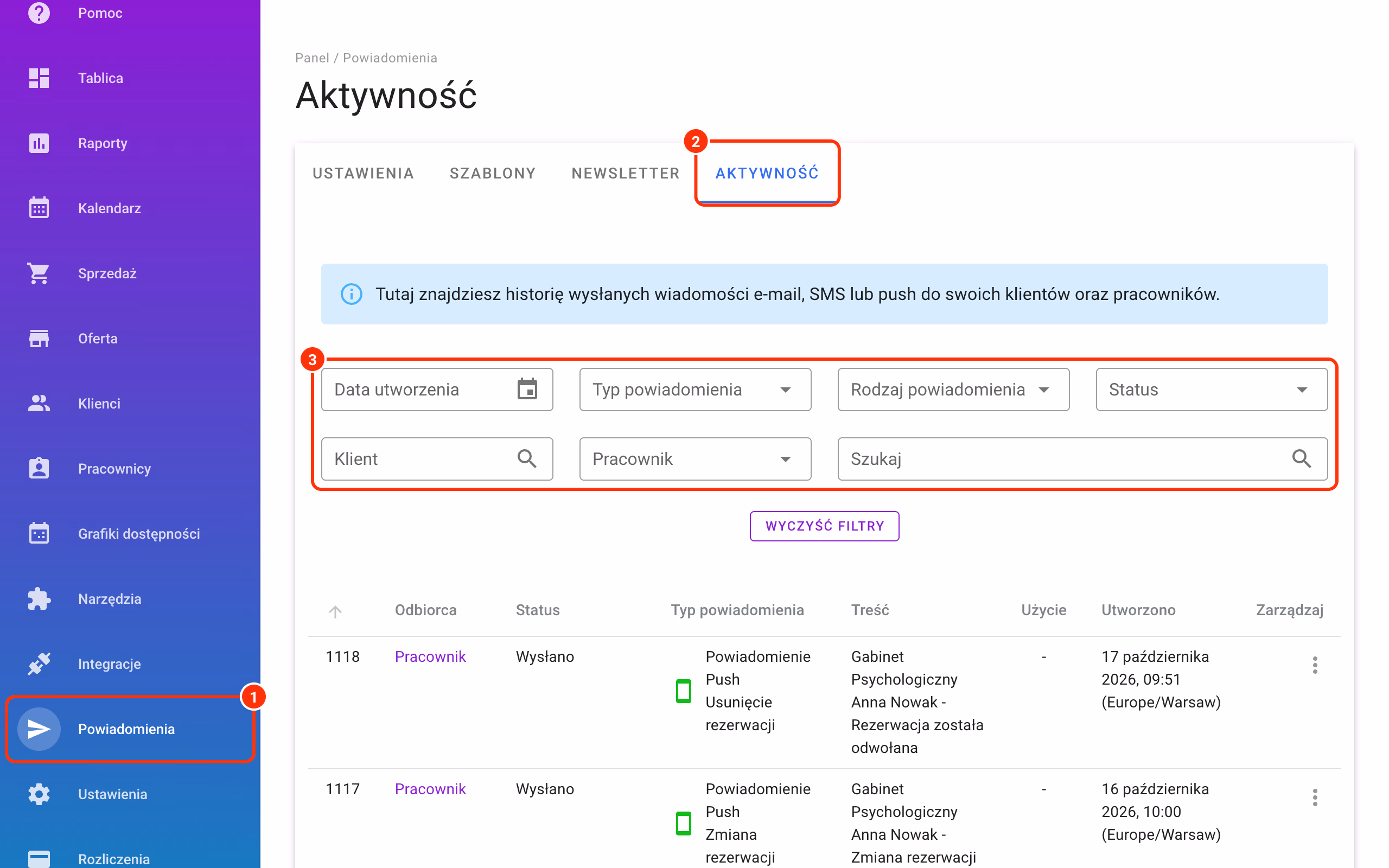 Powiadomienia w menu (1), zakładka Aktywność (2) i filtry (3).