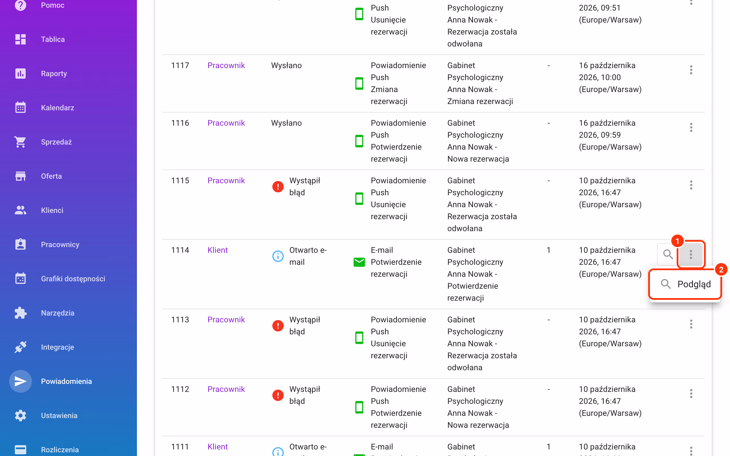 Menu przy wiadomości (1) z opcją Podgląd (2).