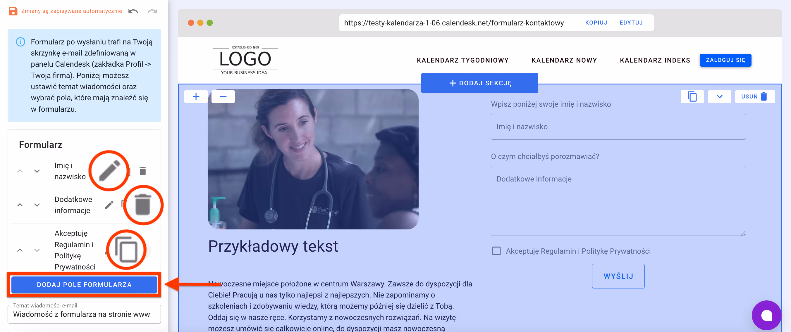 Zarządzanie polami formularza kontaktowego.