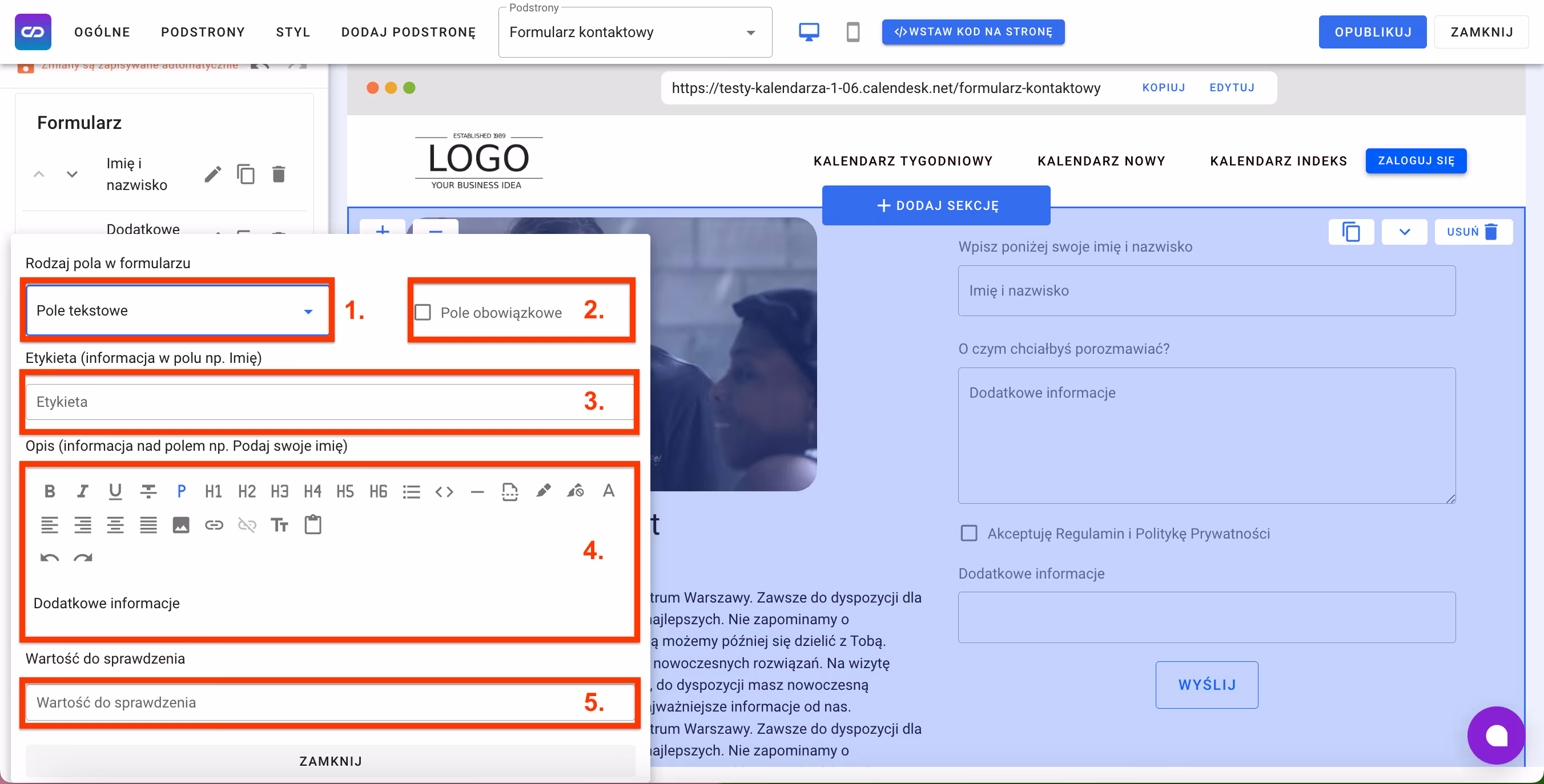 Rodzaje pól w formularzu rezerwacji.