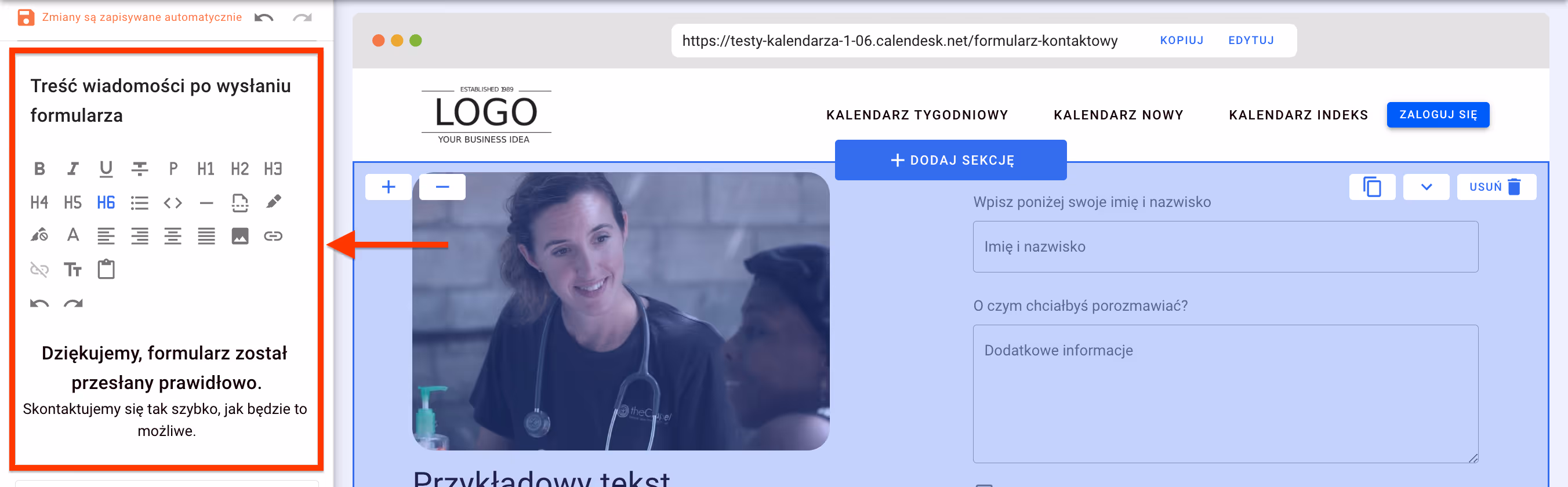 Treść wiadomości widoczna po wypełnieniu formularza.