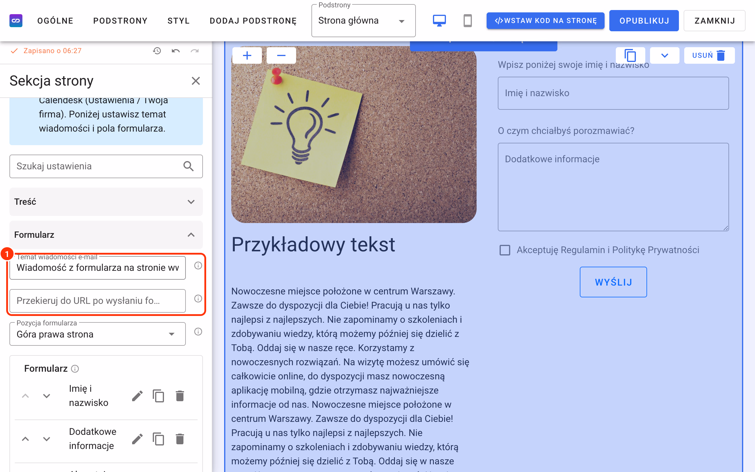Temat wiadomości e-mail i Przekieruj do URL po wysłaniu formularza (1).
