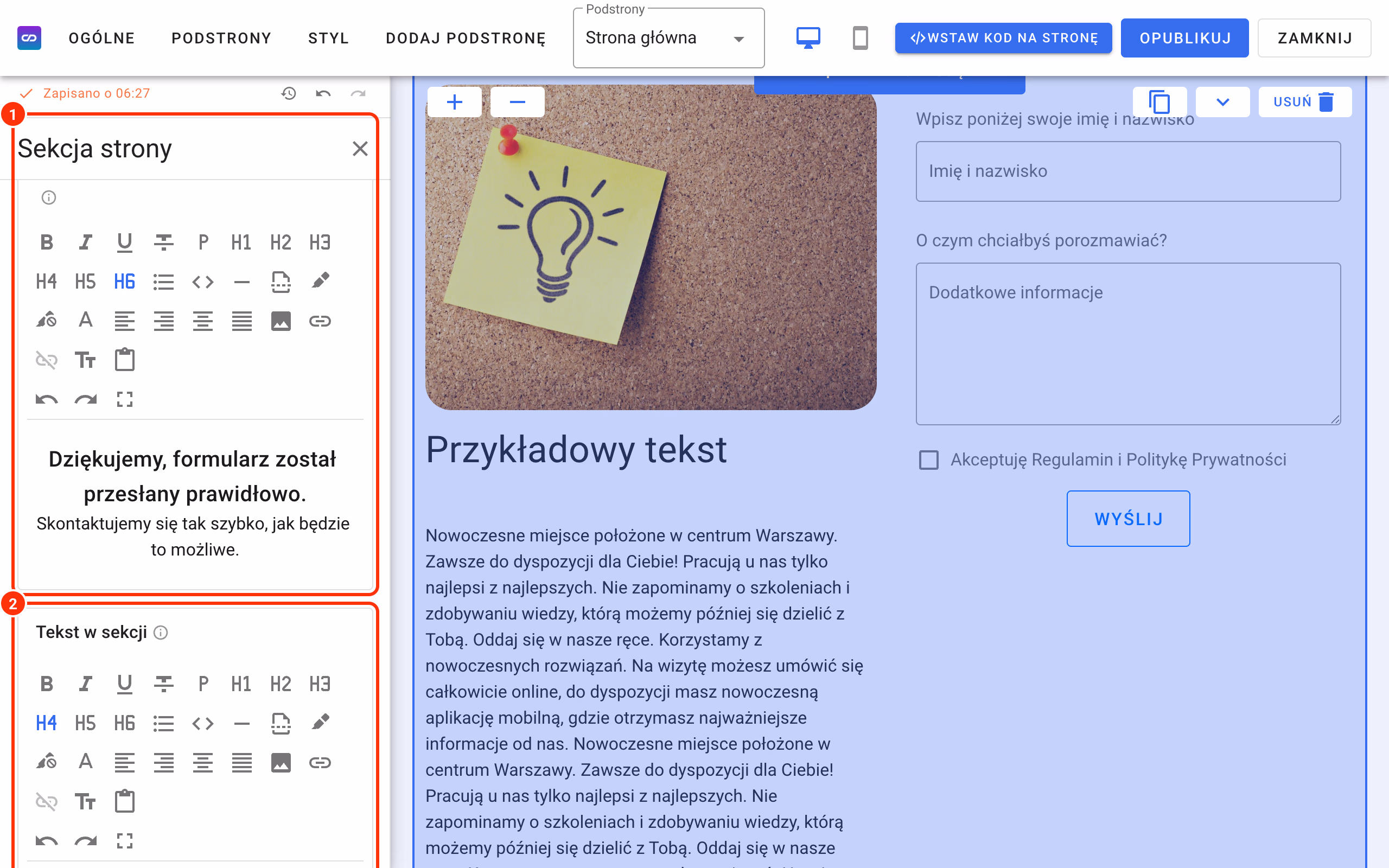 Treść wiadomości po wysłaniu formularza (1) i Tekst w sekcji (2).