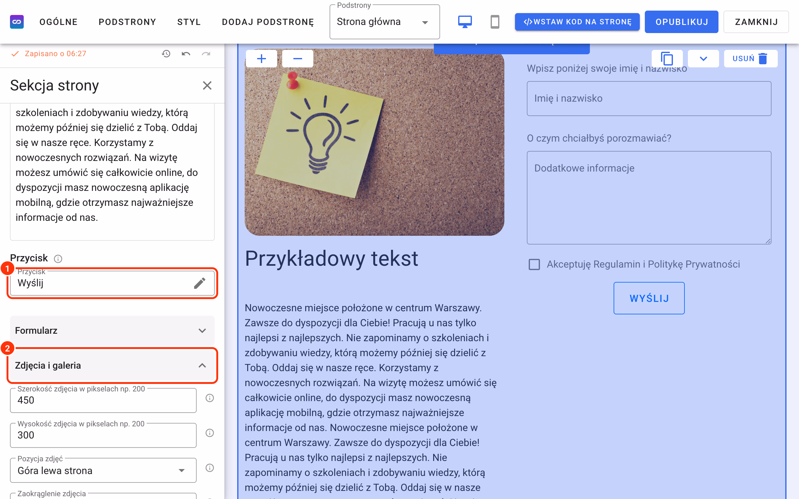 Pole Przycisk (1) i grupa Zdjęcia i galeria (2).