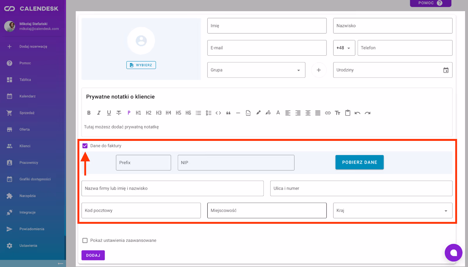 Dane bilingowe/do faktury klienta.
