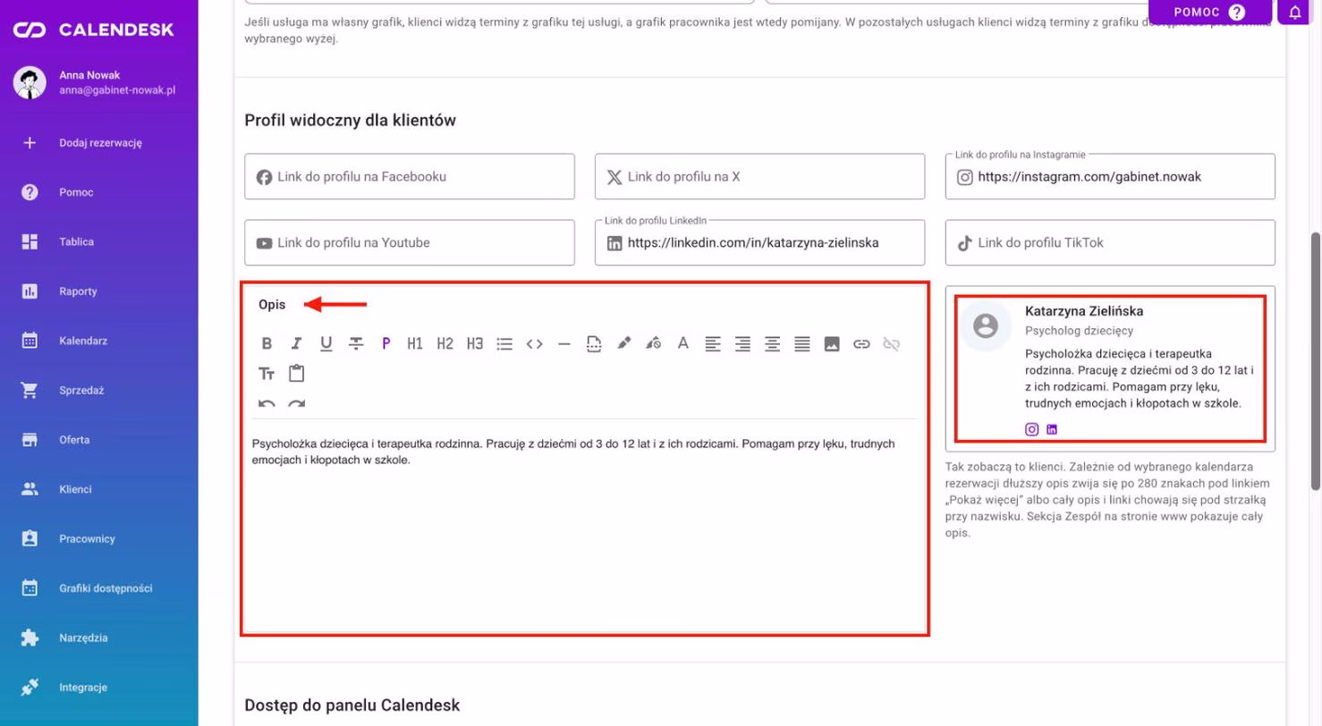 Profil widoczny dla klientów: opis, linki do profili i podgląd profilu.