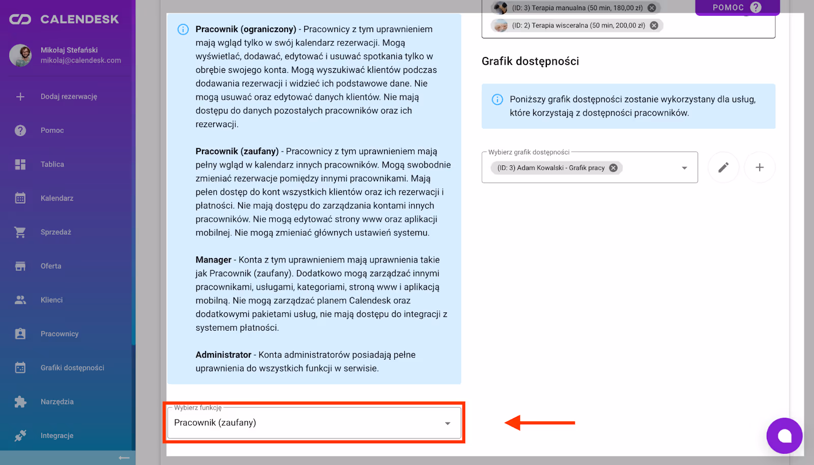 To zdjęcie przedstawia miejsce nadawania poziomu uprawnień pracownikowi.