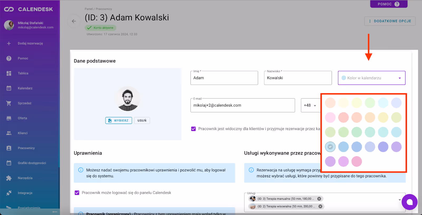 To zdjęcie przedstawia miejsce wyboru koloru, który mają mieć kafle z rezerwacjami w zakładce Kalendarz.