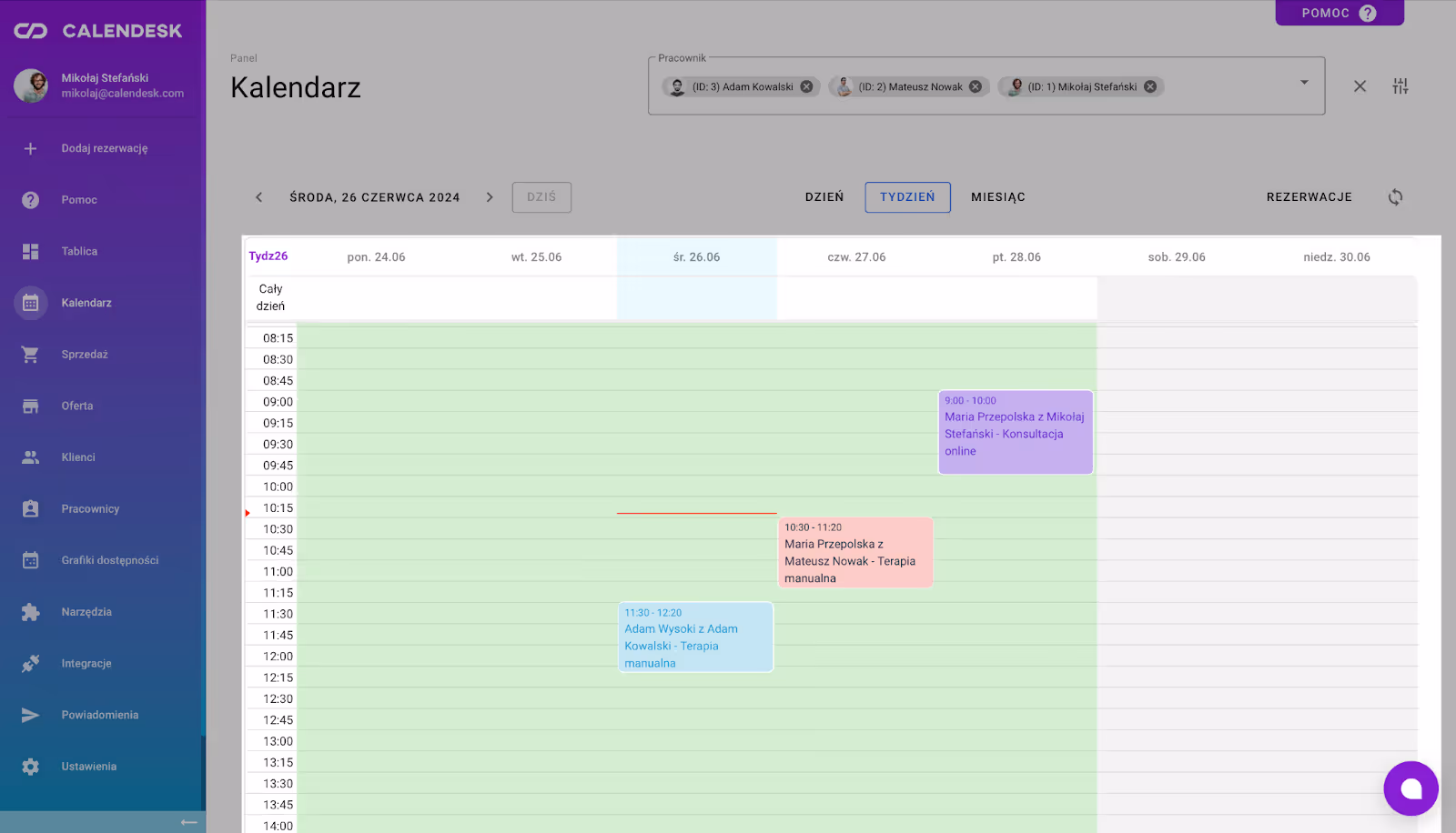 To zdjęcie przedstawia zakładkę Kalendarz i widok na wydarzenia wybranego pracownika.