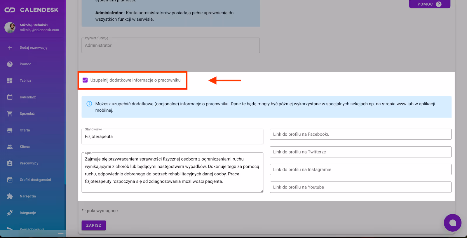 To zdjęcie przedstawia miejsce dodawania dodatkowych informacji o pracowniku.