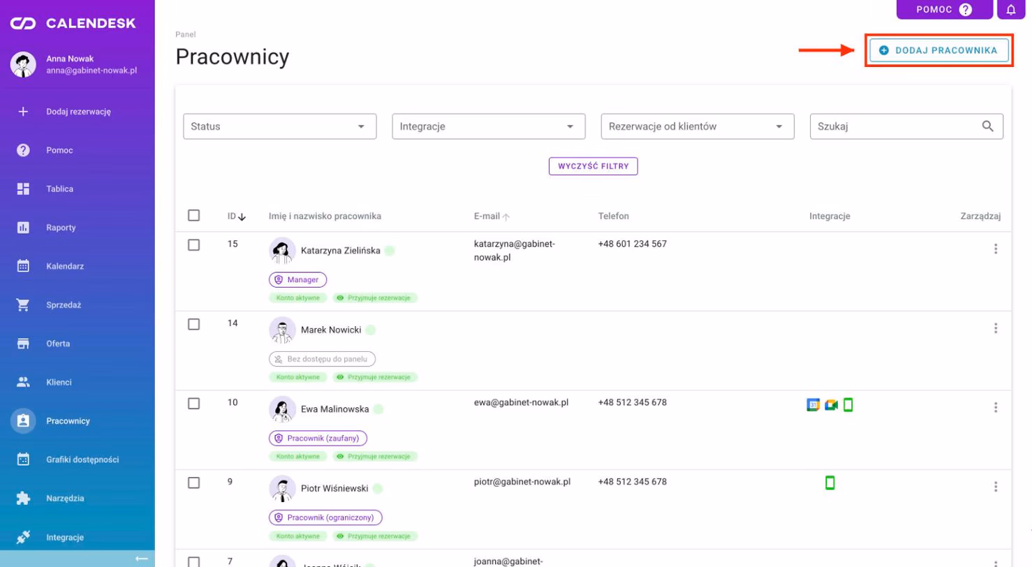 Lista pracowników z przyciskiem Dodaj pracownika.