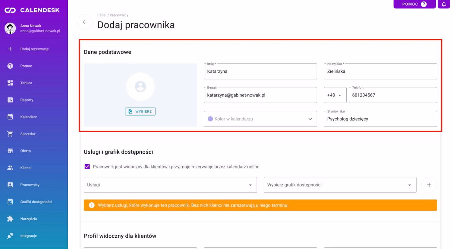 Sekcja Dane podstawowe w formularzu nowego pracownika.
