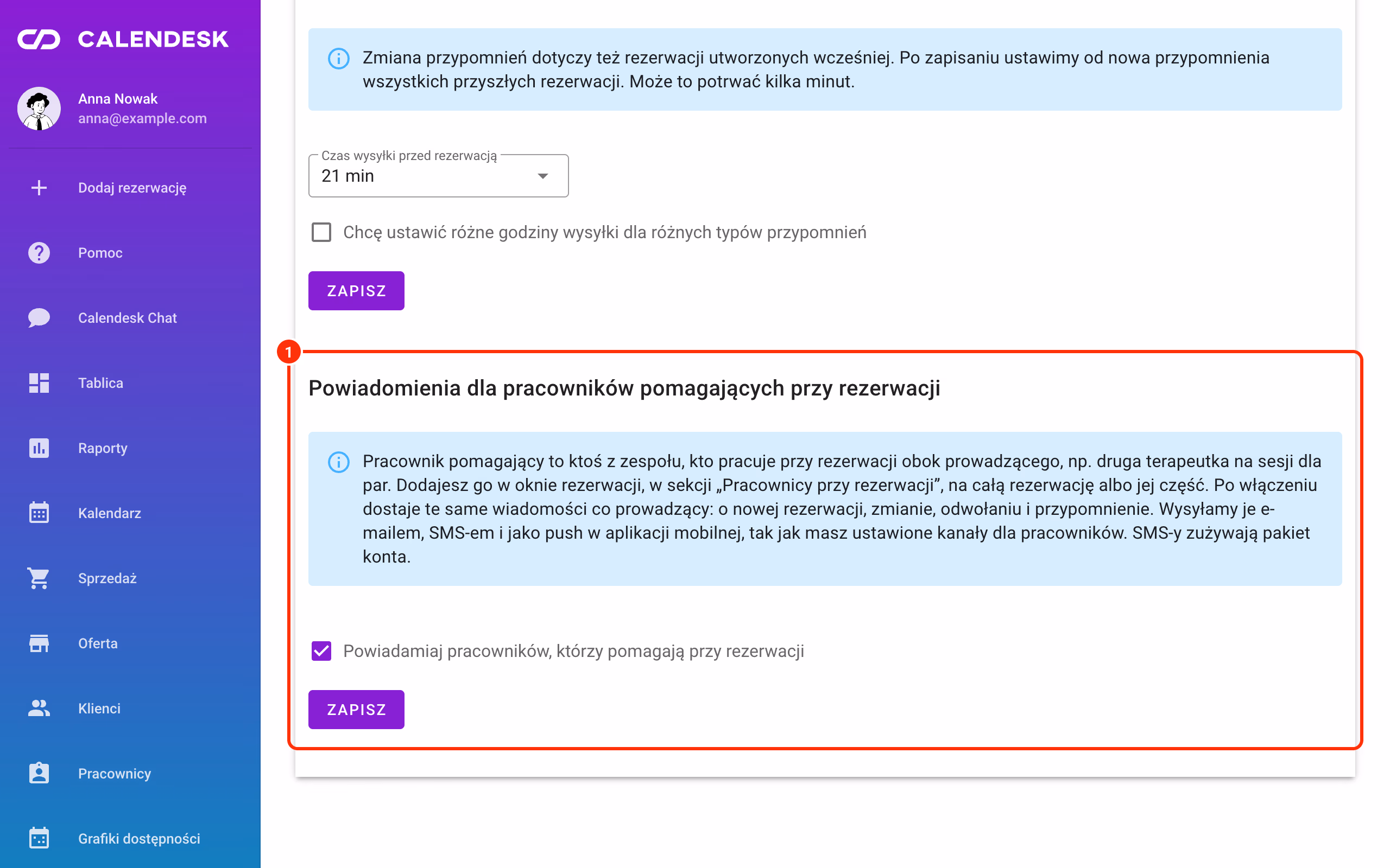 Sekcja powiadomień dla pracowników pomagających.