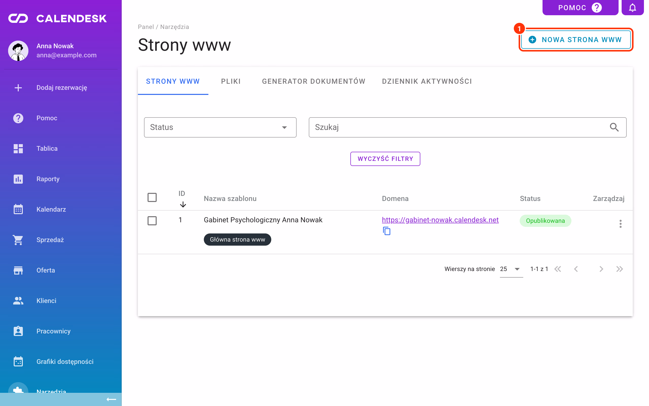 Przycisk Nowa strona www w zakładce Strony www.