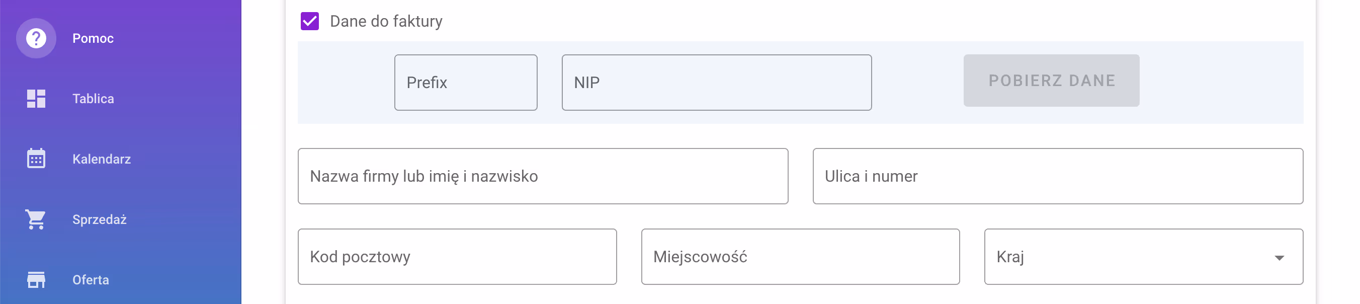 Dane do faktury klienta.