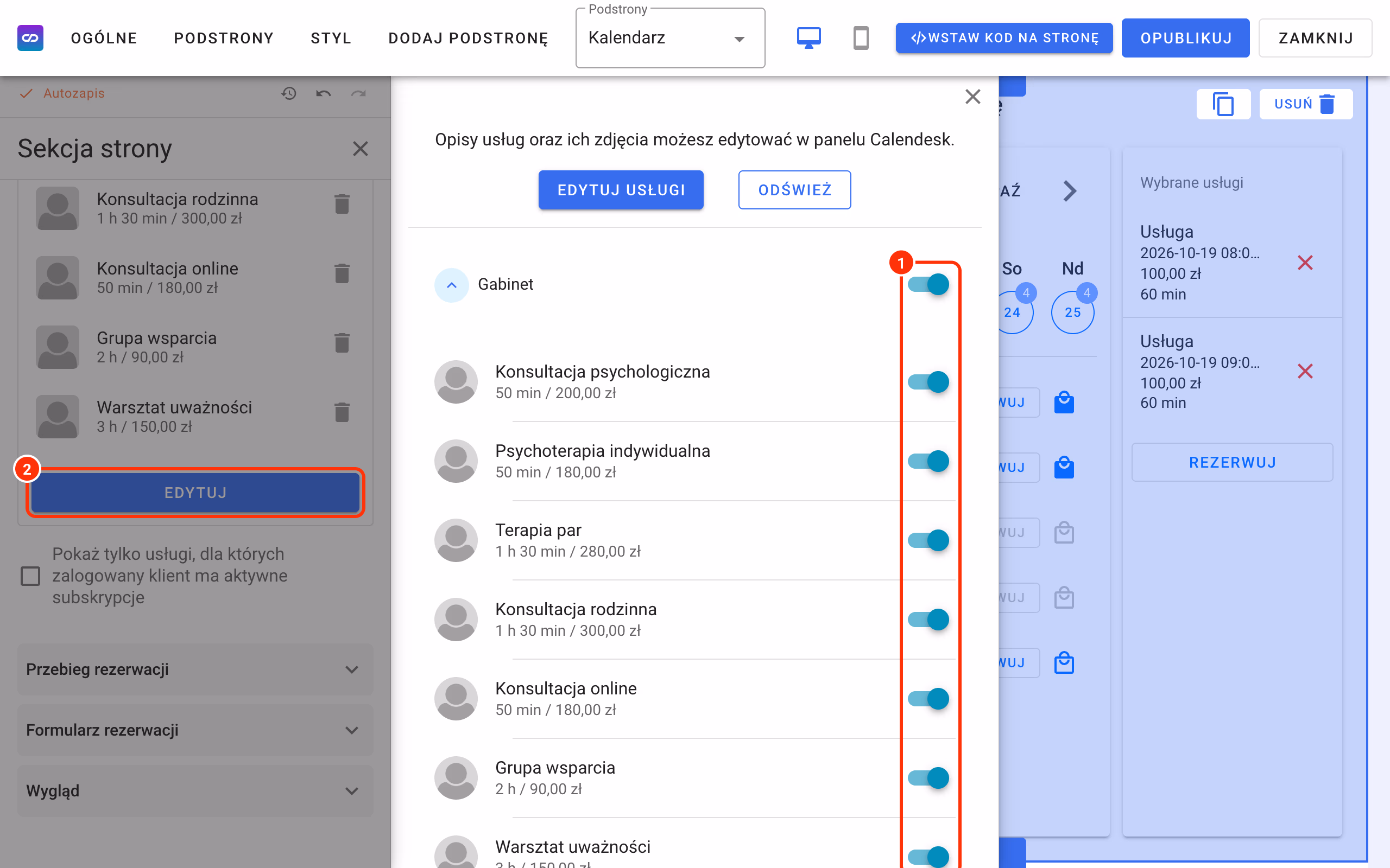 Kreator strony: sekcja kalendarza, Oferta – Edytuj i wybór widocznych usług.
