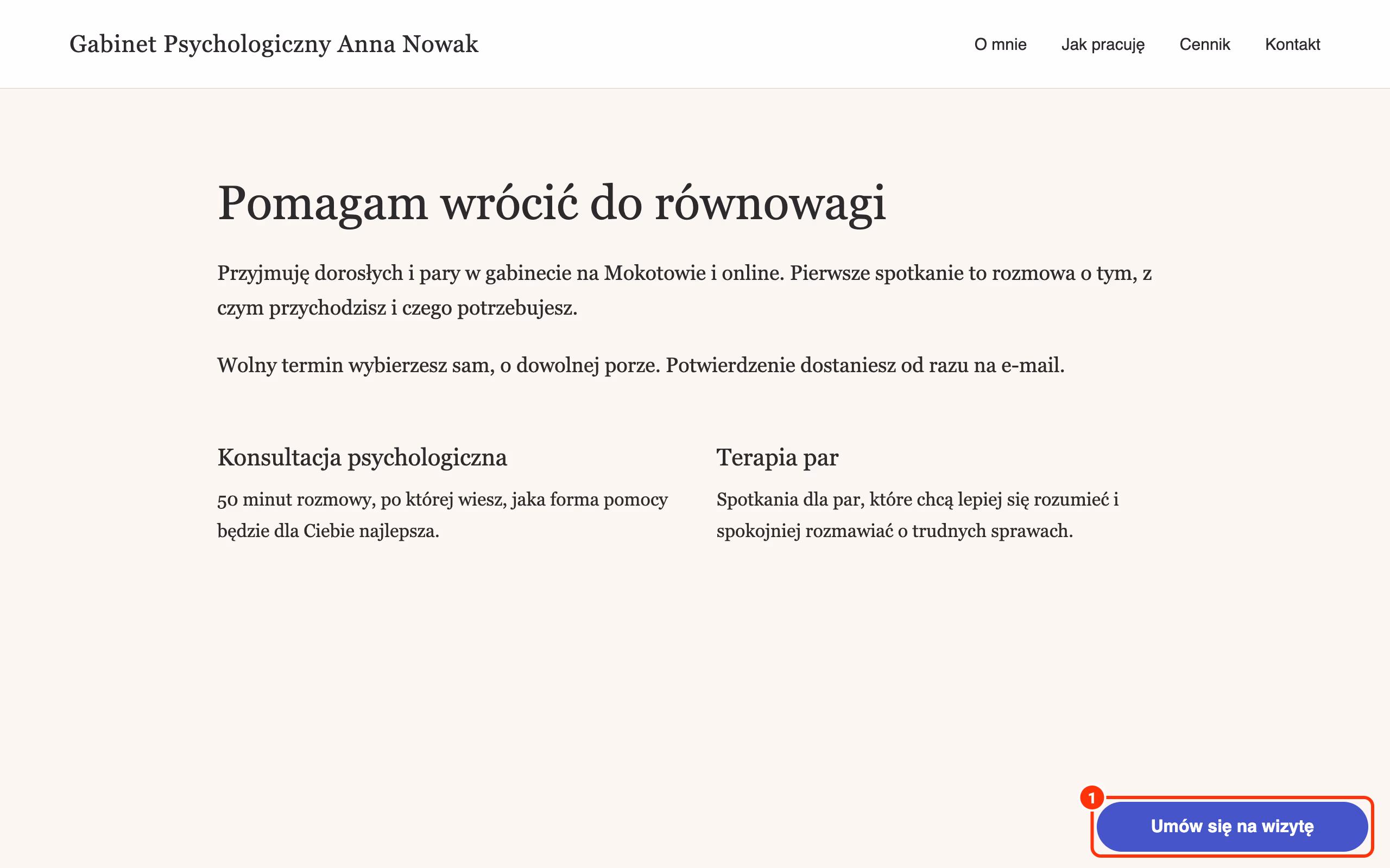Przycisk Umów się na wizytę w prawym dolnym rogu strony (1).