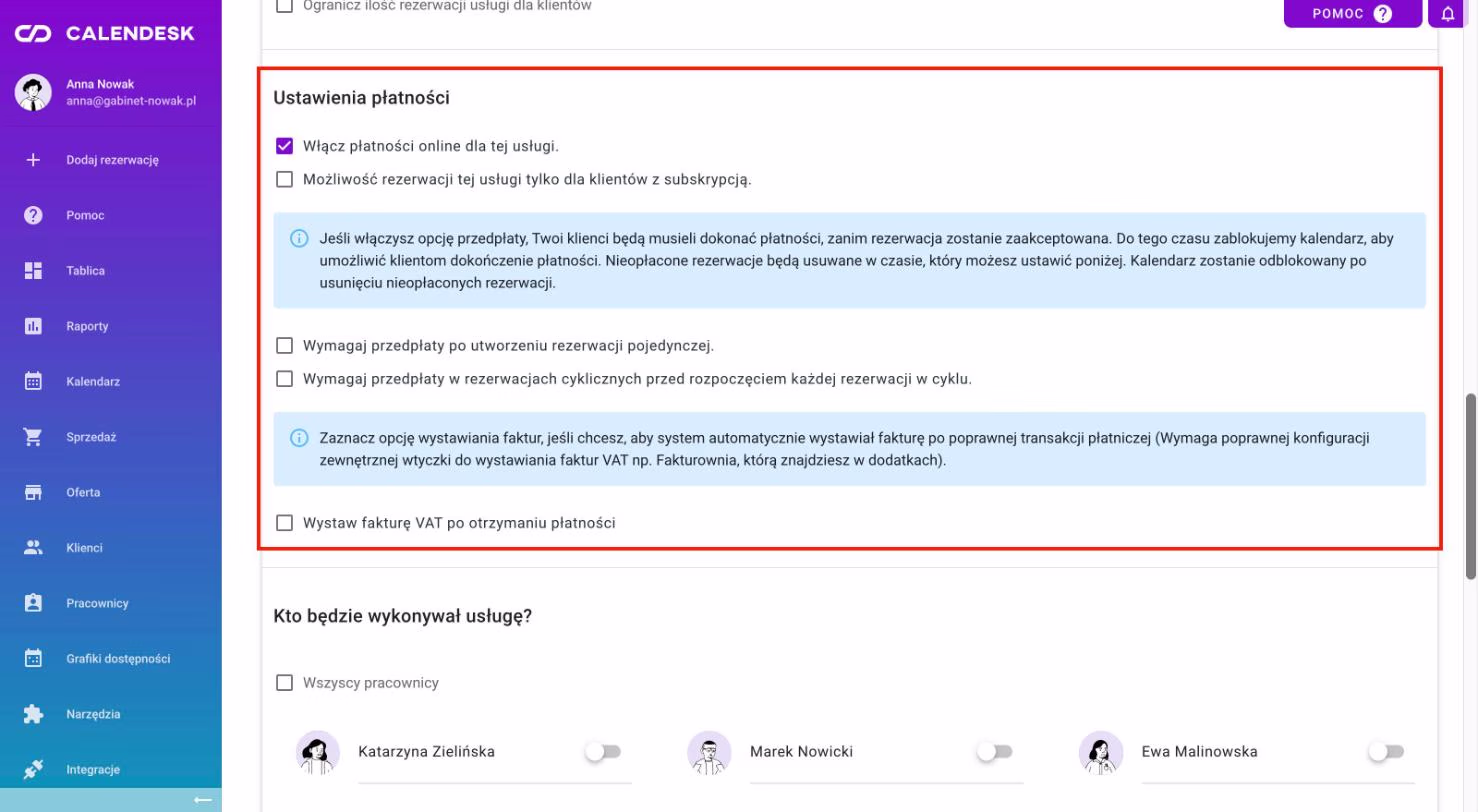 Ustawienia płatności w formularzu usługi.
