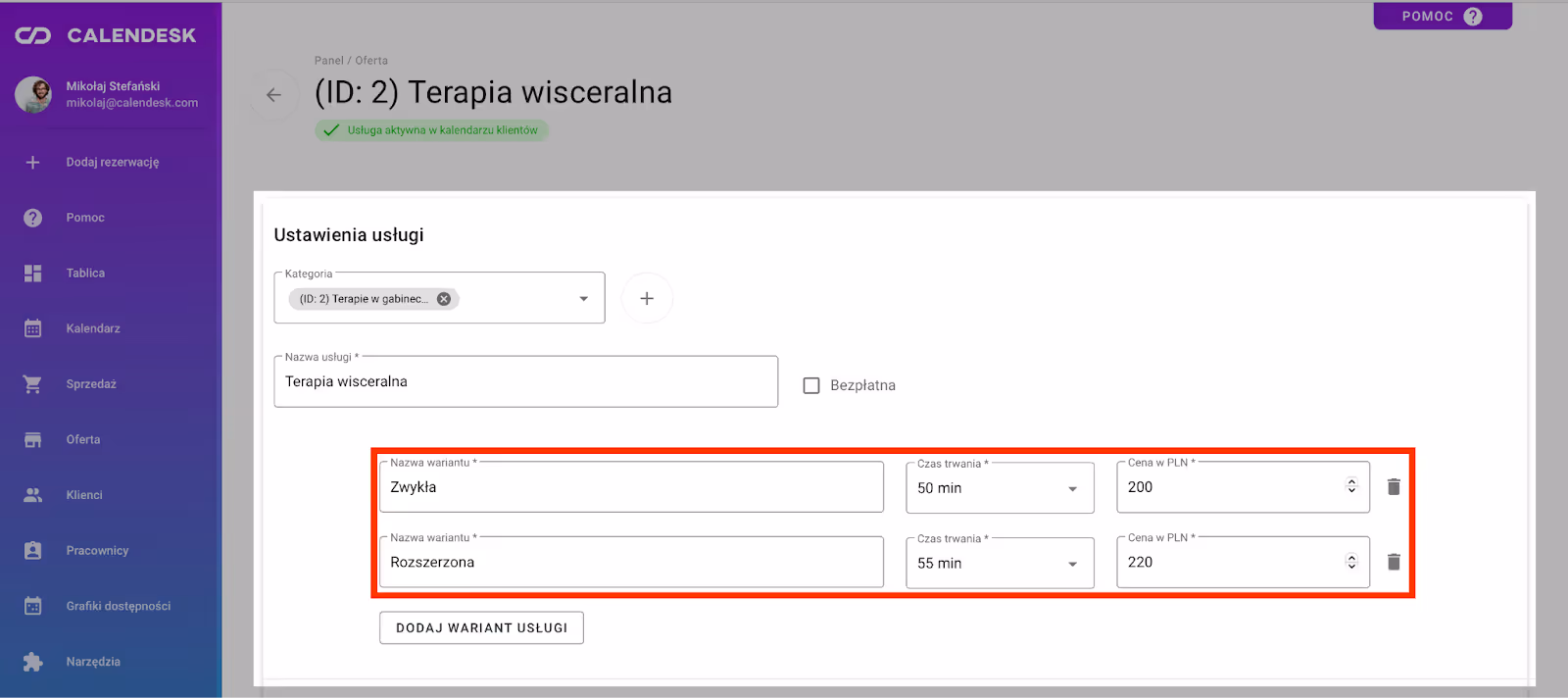 Dodawanie wariantów usług.