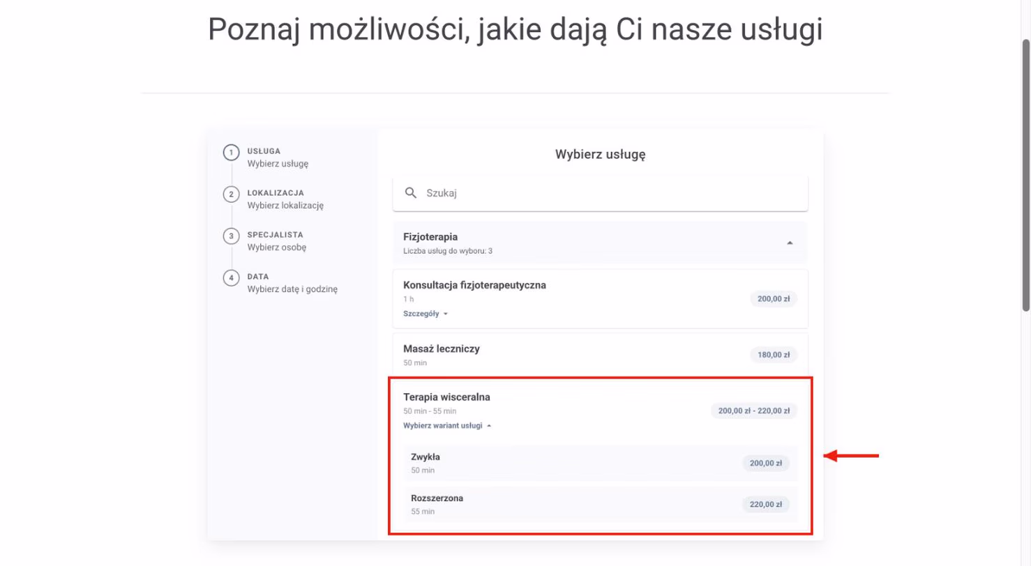 Warianty usługi na stronie rezerwacji po wybraniu usługi.