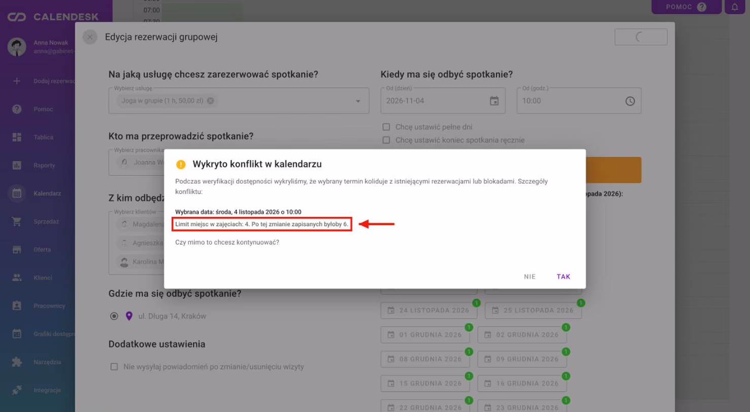 Ostrzeżenie o limicie miejsc w zajęciach grupowych.