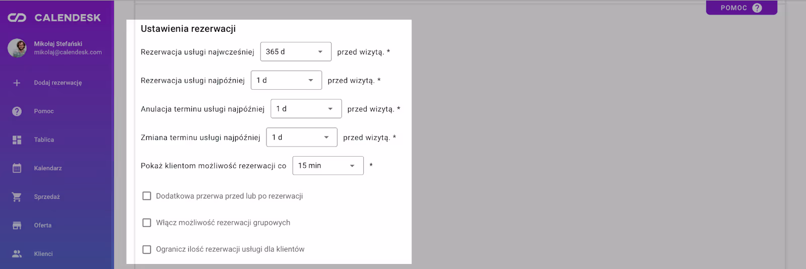 Ustawienia rezerwacji w usługach. 