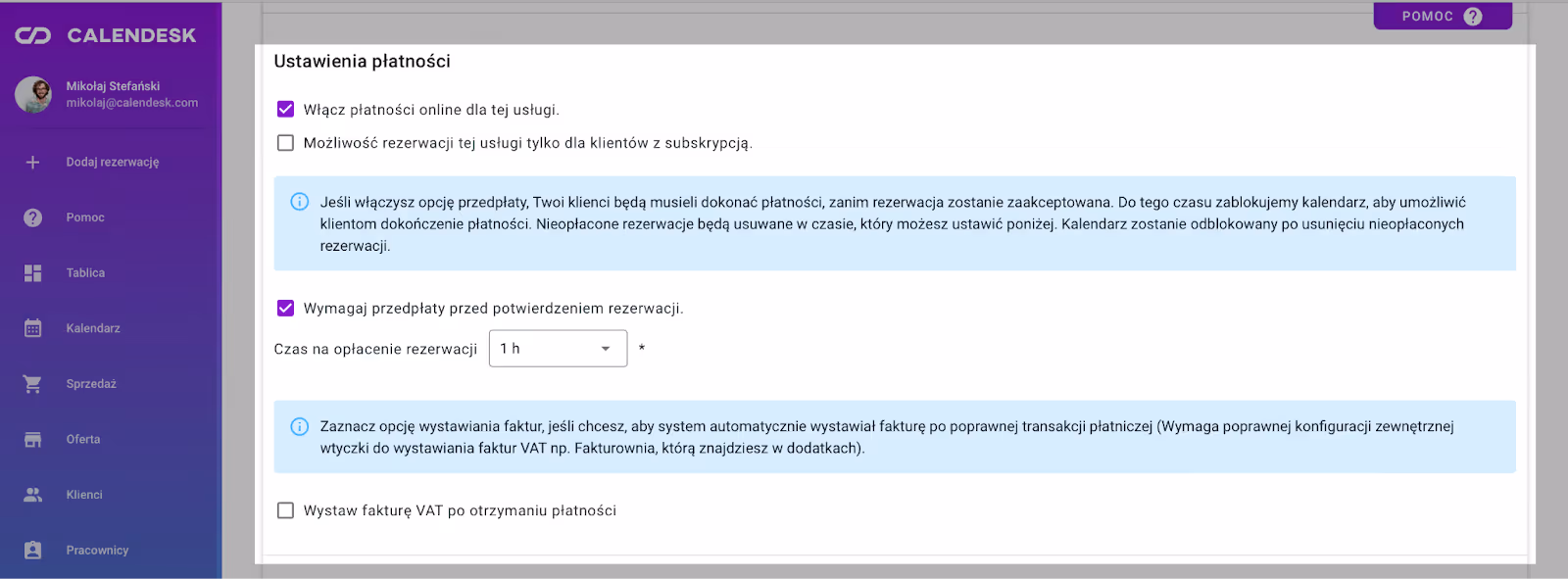 Wymaganie płatności za rezerwację.