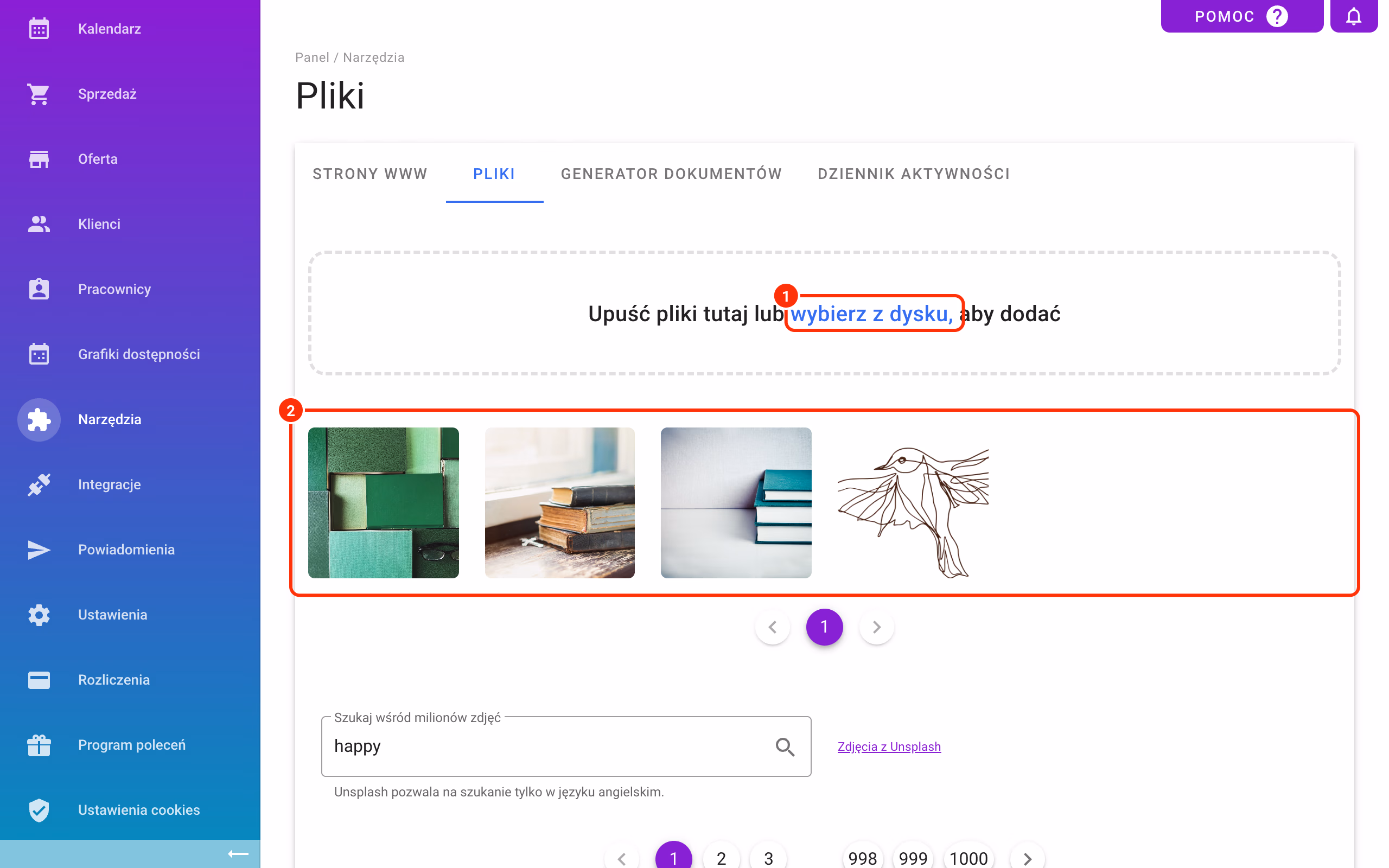 Pliki: wybierz z dysku i galeria.