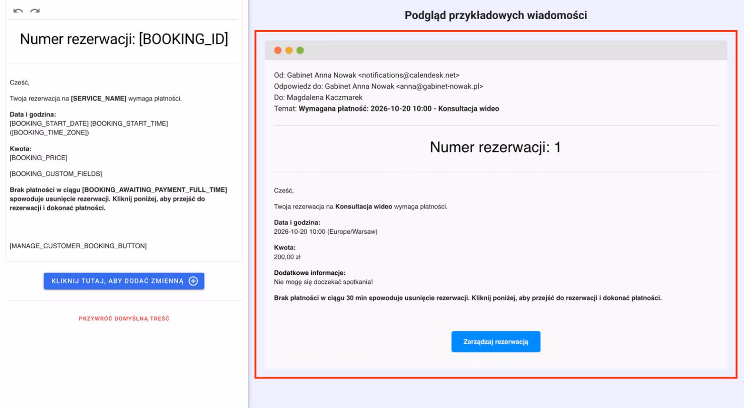 Podgląd e-maila „Wymagana płatność” w edytorze szablonu powiadomień.