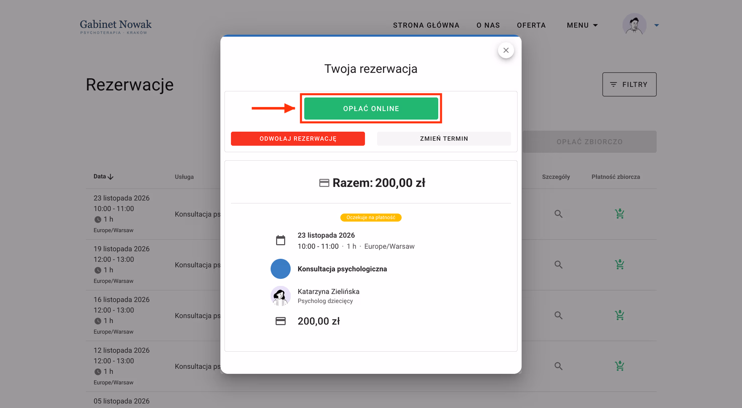 Okno Twoja rezerwacja z przyciskiem Opłać online.
