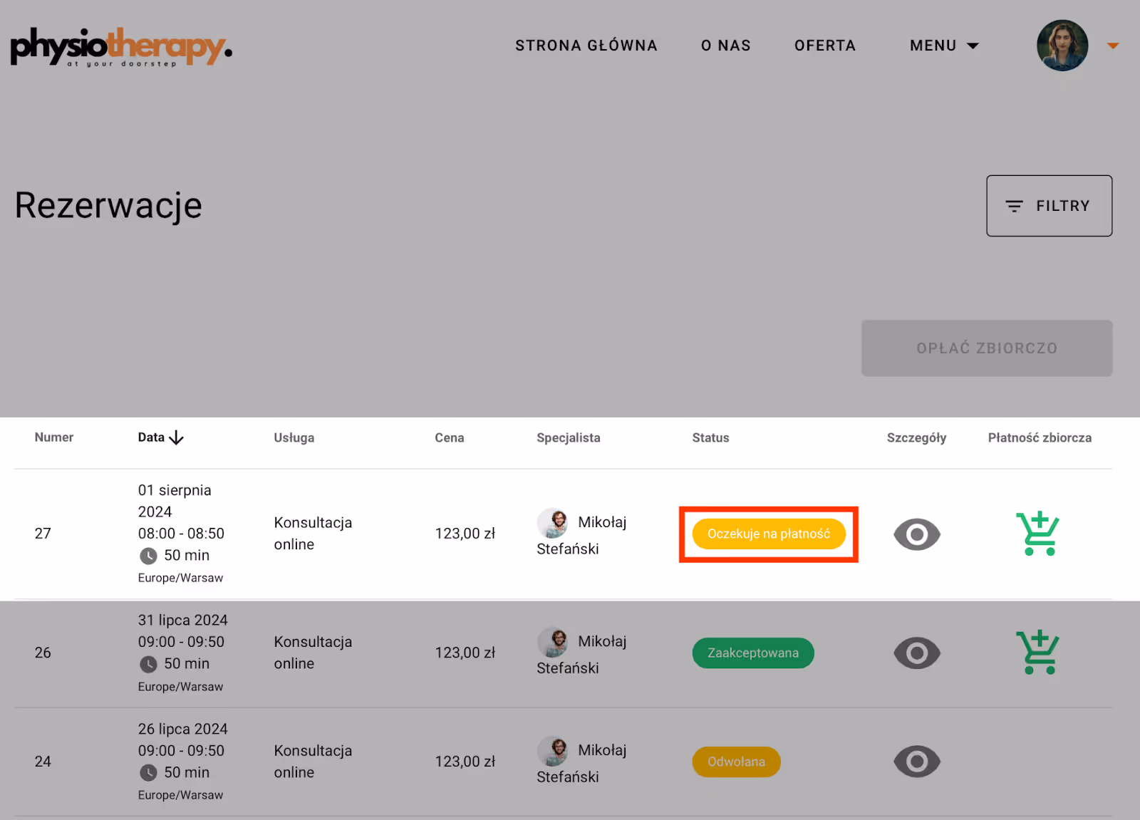 Status rezerwacji w panelu klienta.