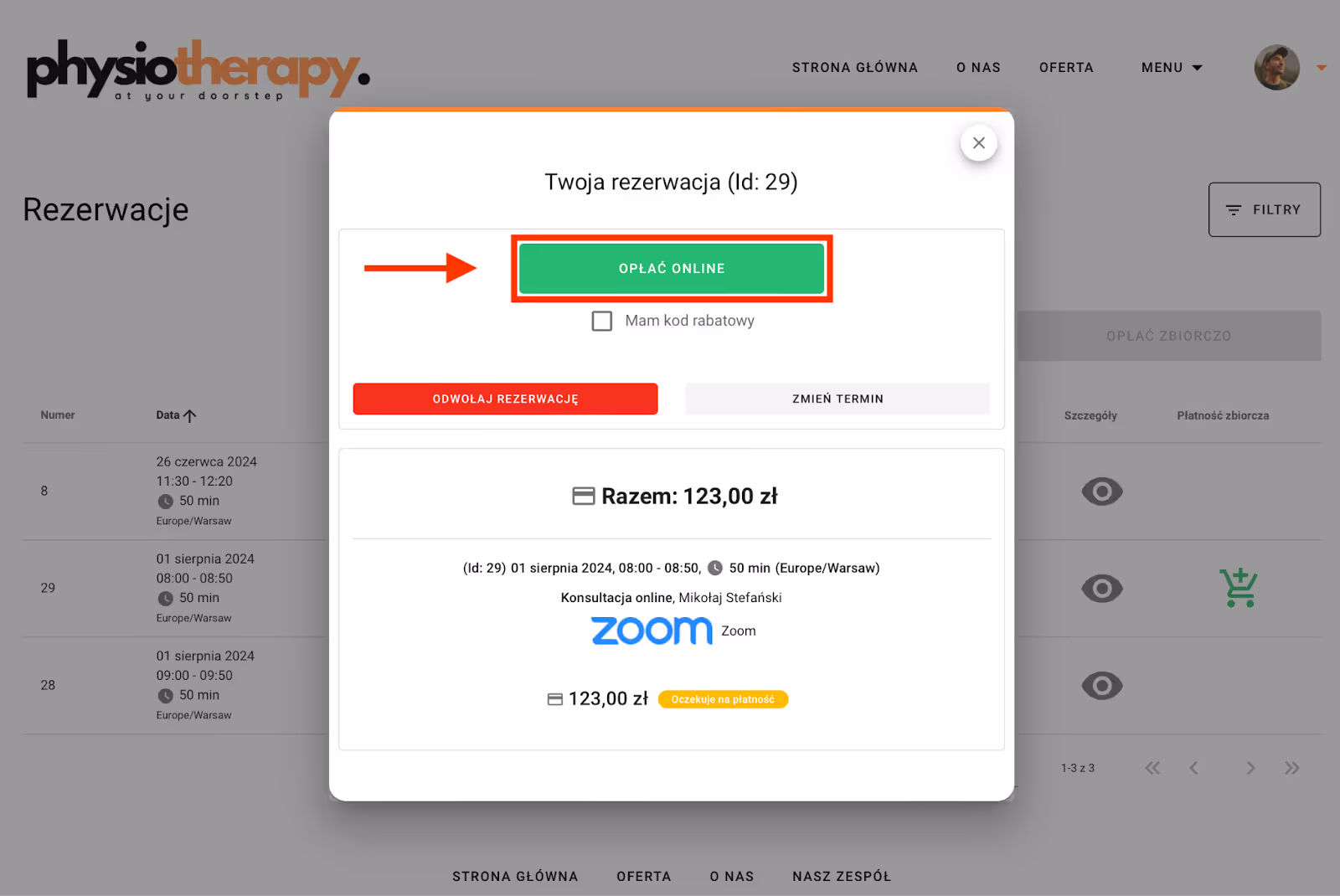 Płatność za rezerwację w panelu klienta.