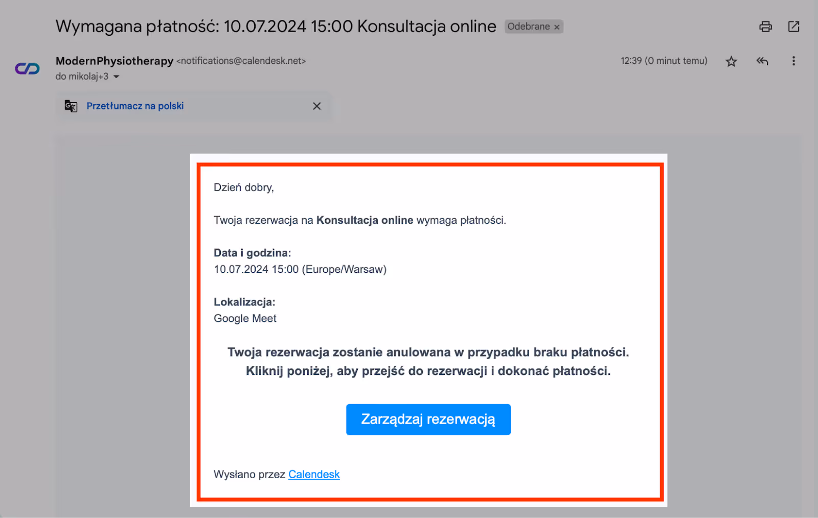 E-mail z informacją o konieczności dokonania płatności.